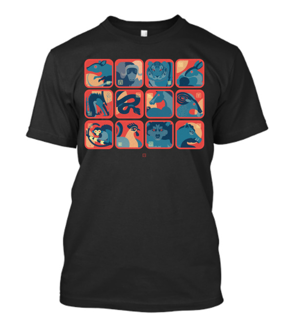 Twelve Chinese Zodiac Animals Illustration Blue And Red Blocks T-Shirt