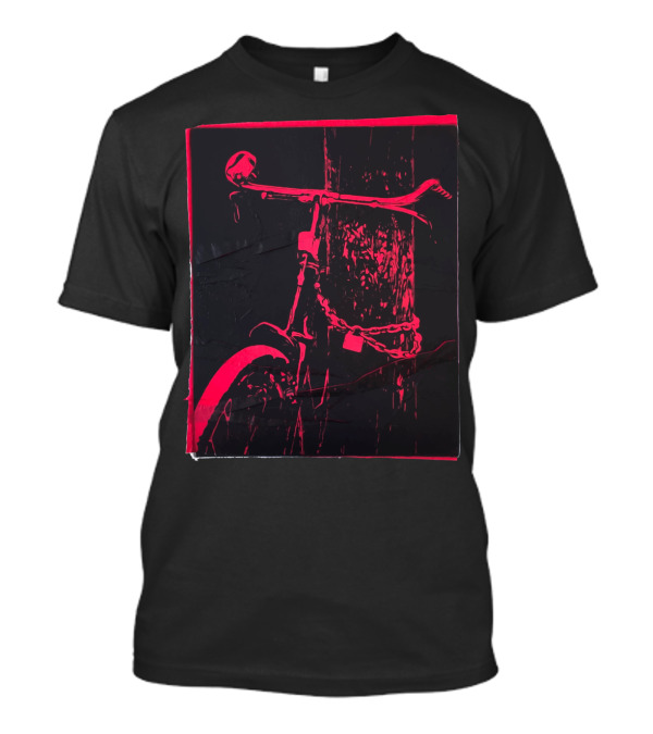 Chained Bicycle Against Tree With Lock In Bold Red Contrast T-Shirt