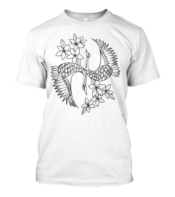 Black Chinese Cranes With Floral T-Shirt