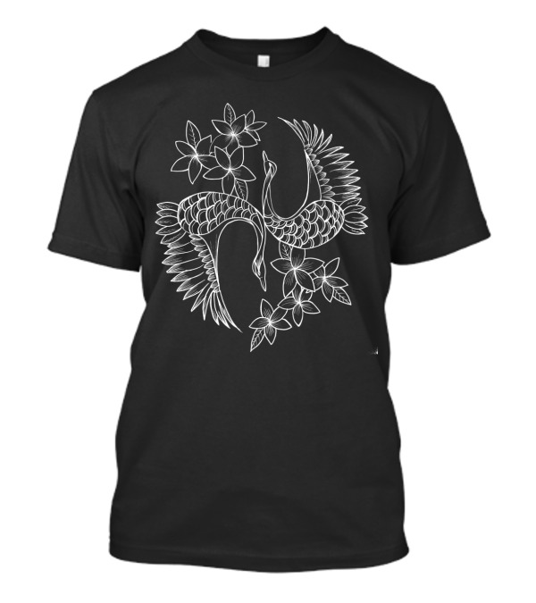 Floral White Chinese Cranes In Flight T-Shirt