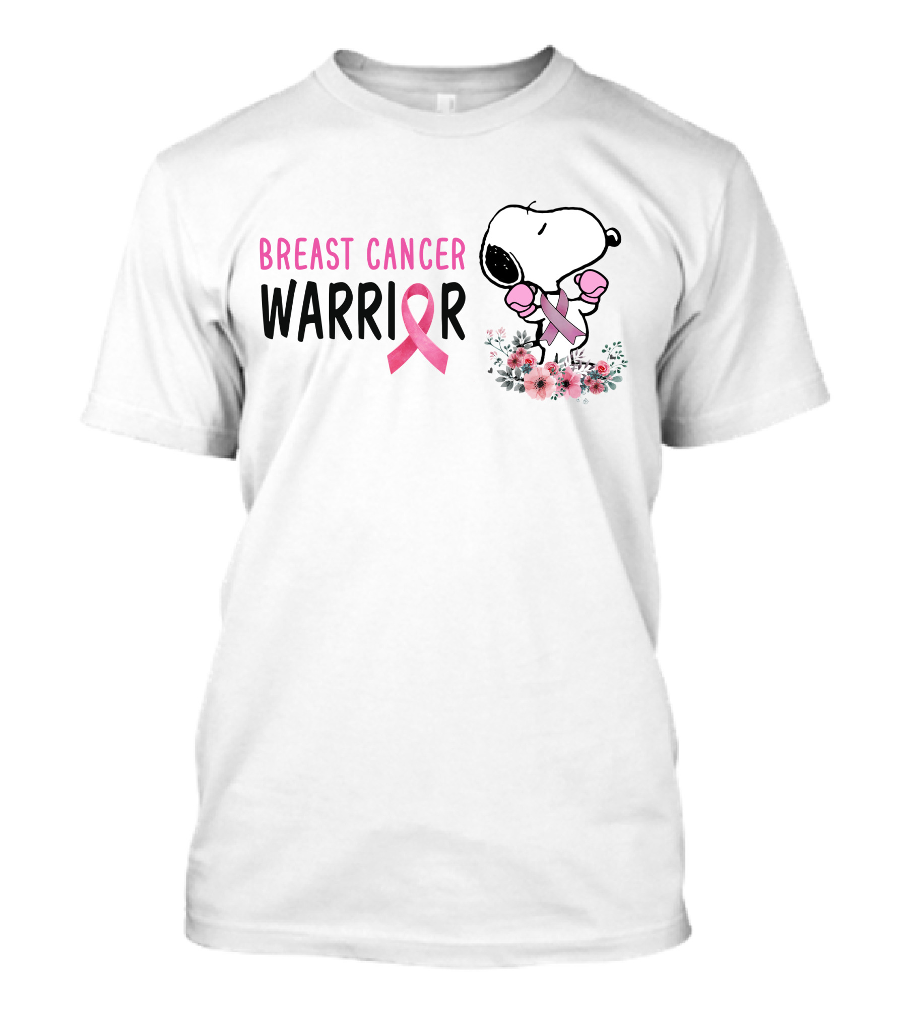 Breast Cancer Warrior Pink Ribbon Snoopy With Boxing Gloves And Flowers T-Shirt
