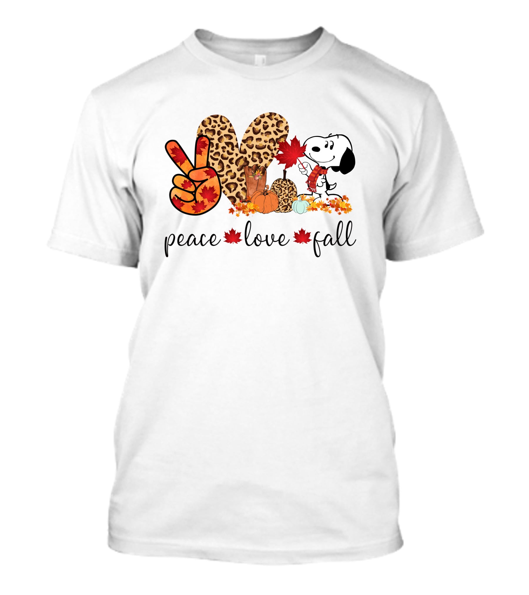 Peace Love Fall Snoopy Leopard Print Pumpkin Leaves T-Shirt