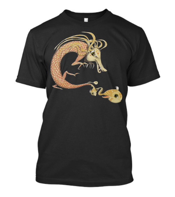 Whimsical Dragon With Fish And Baby Companion Playful T-Shirt