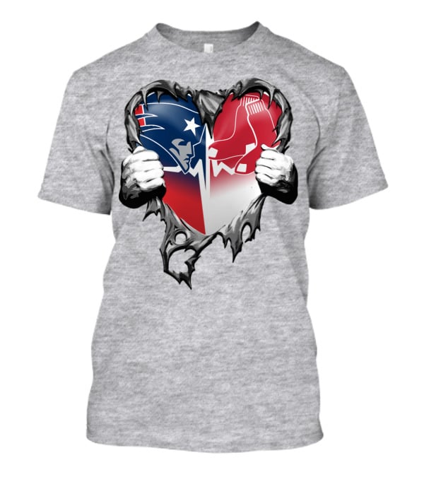 Patriots And Red Sox Heart Design With Torn Metal Effect T-Shirt
