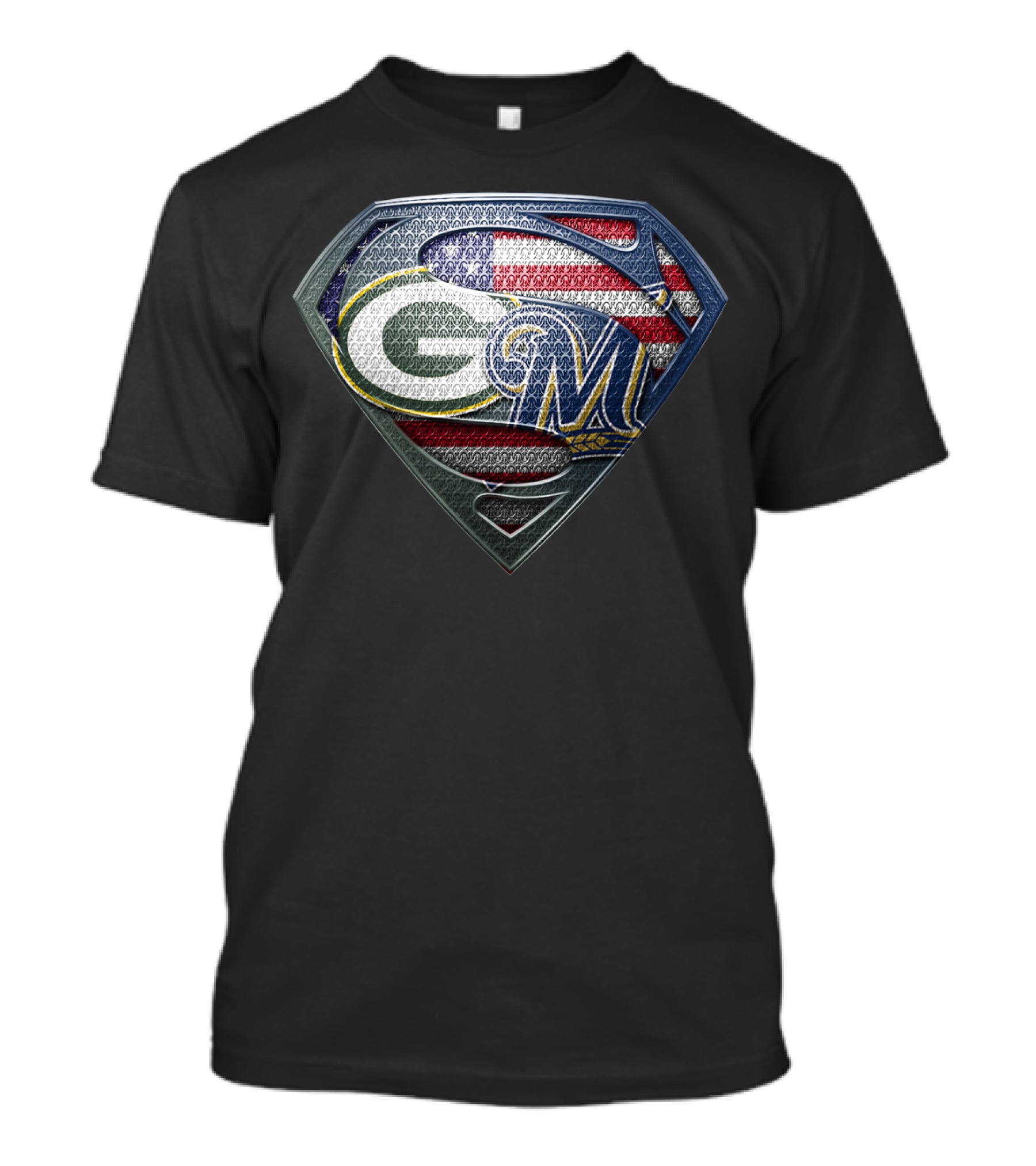 Packers Brewers Superman Shield American Flag T-Shirt