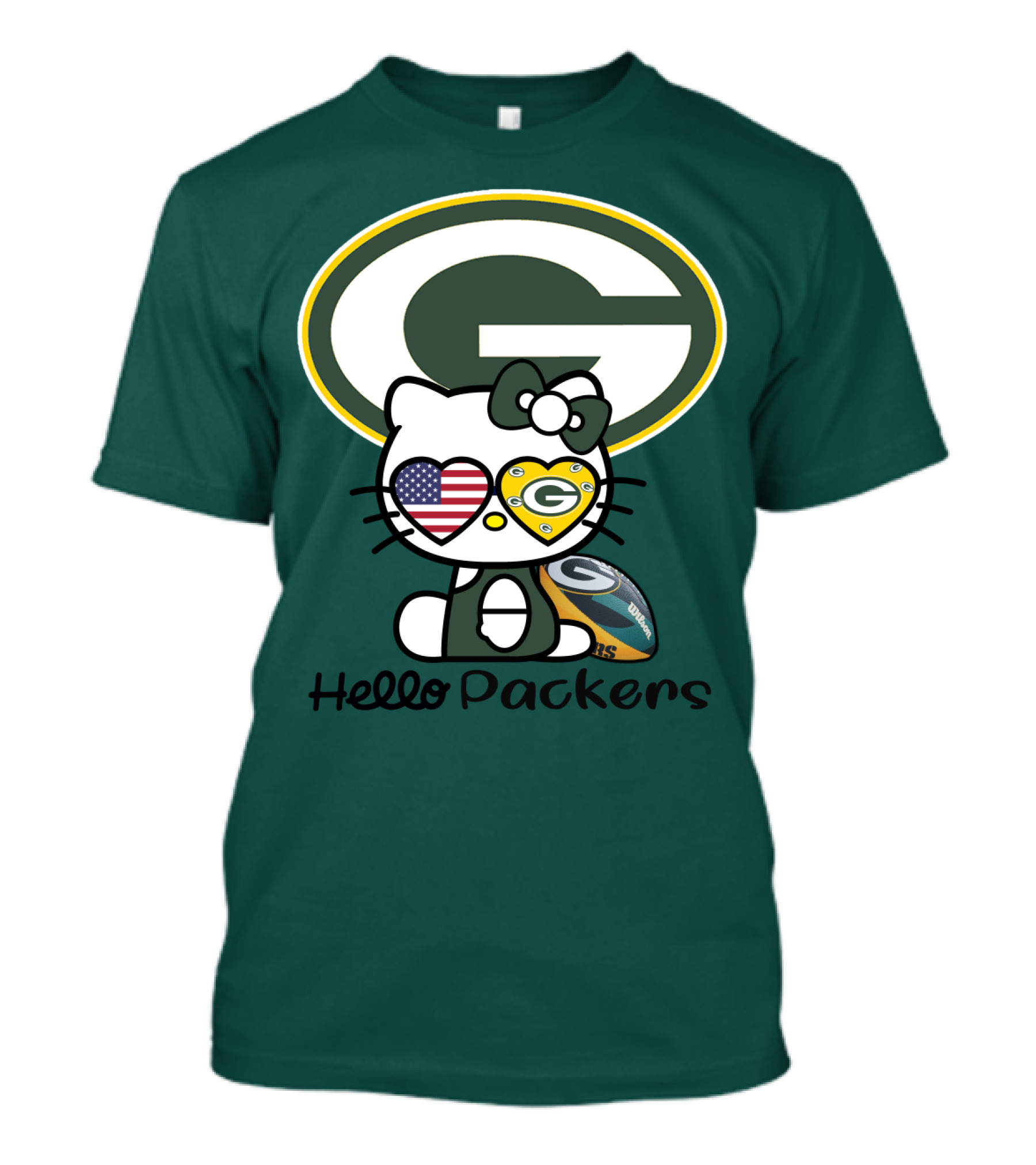Hello Packers Green Bay Packers Football Fan Art Featuring Kitty With American Flag Heart T-Shirt
