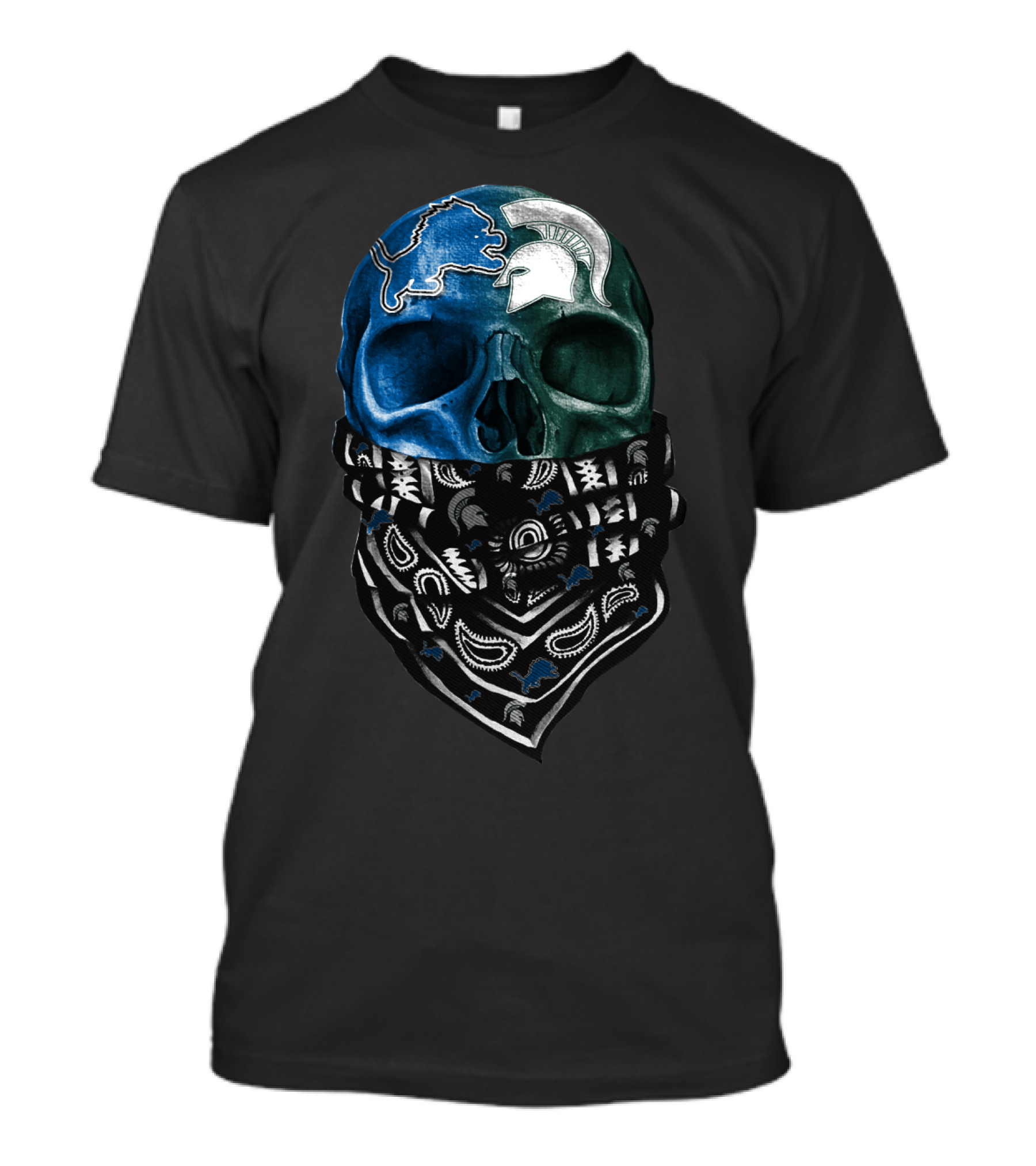 Detroit Lions Michigan State Spartans Skull Bandana T-Shirt