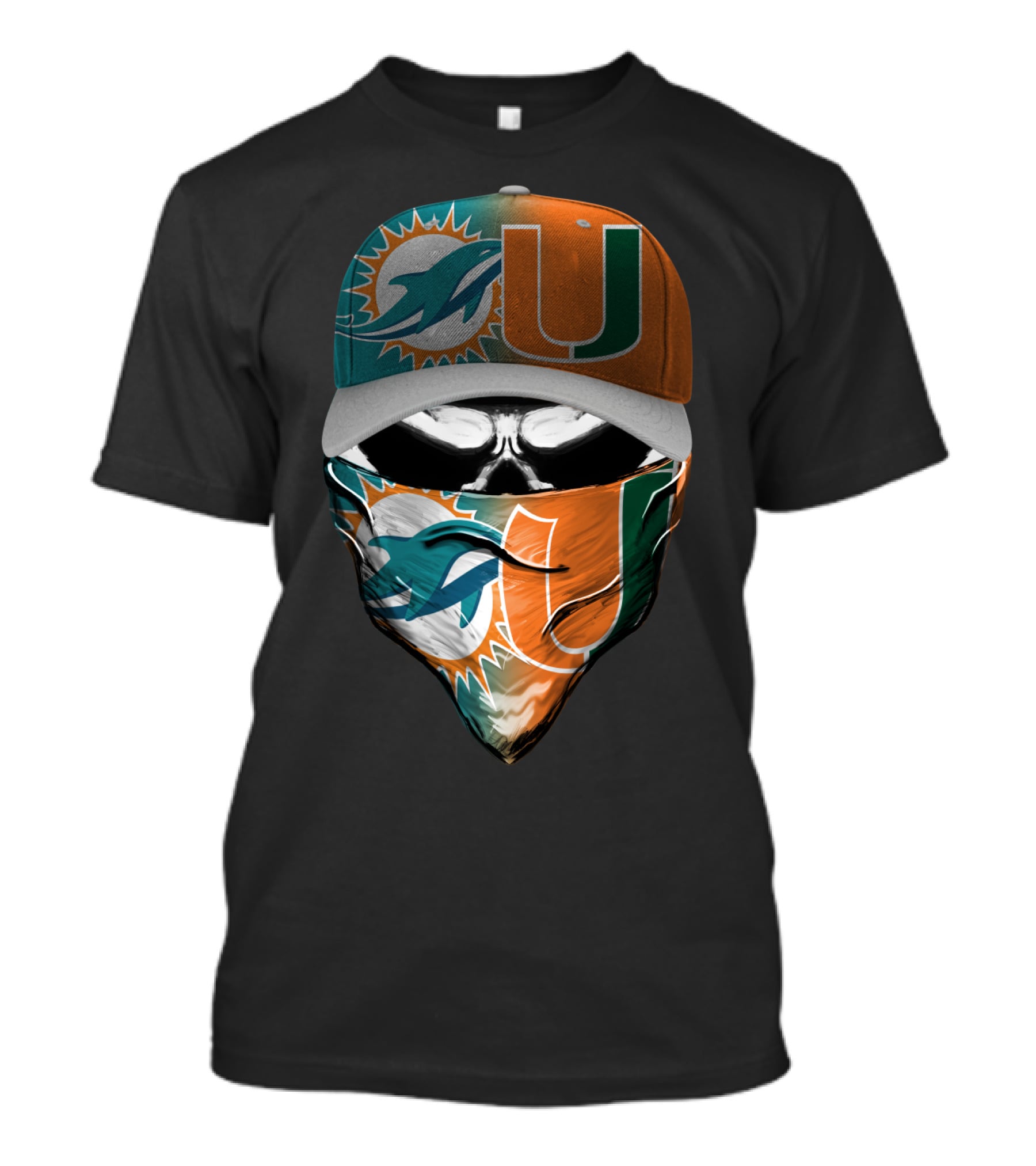 Miami Dolphins And University Of Miami Logo Face Mask And Cap Design Skull Style T-Shirt