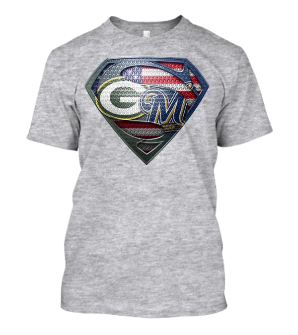 Green Bay Packers Milwaukee Brewers American Flag Superman T-Shirt