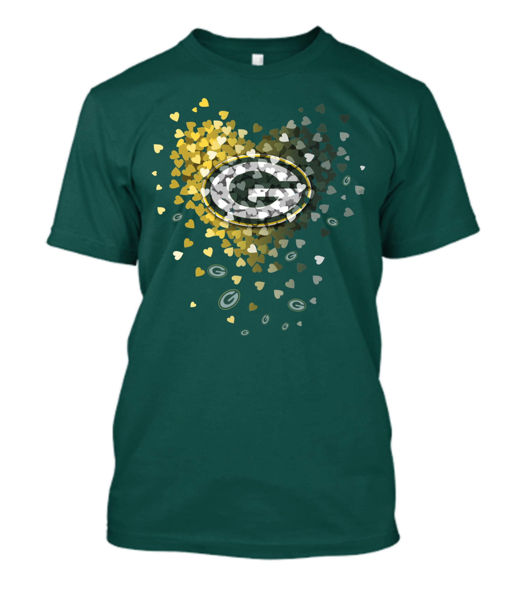 Green Bay Packers Heart Logo With Golden Hearts And Green T-Shirt
