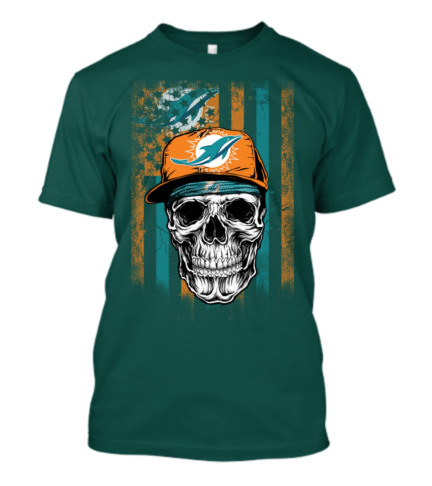 Miami Dolphins Skull With Cap And Logo In Orange And Teal Grunge Style T-Shirt