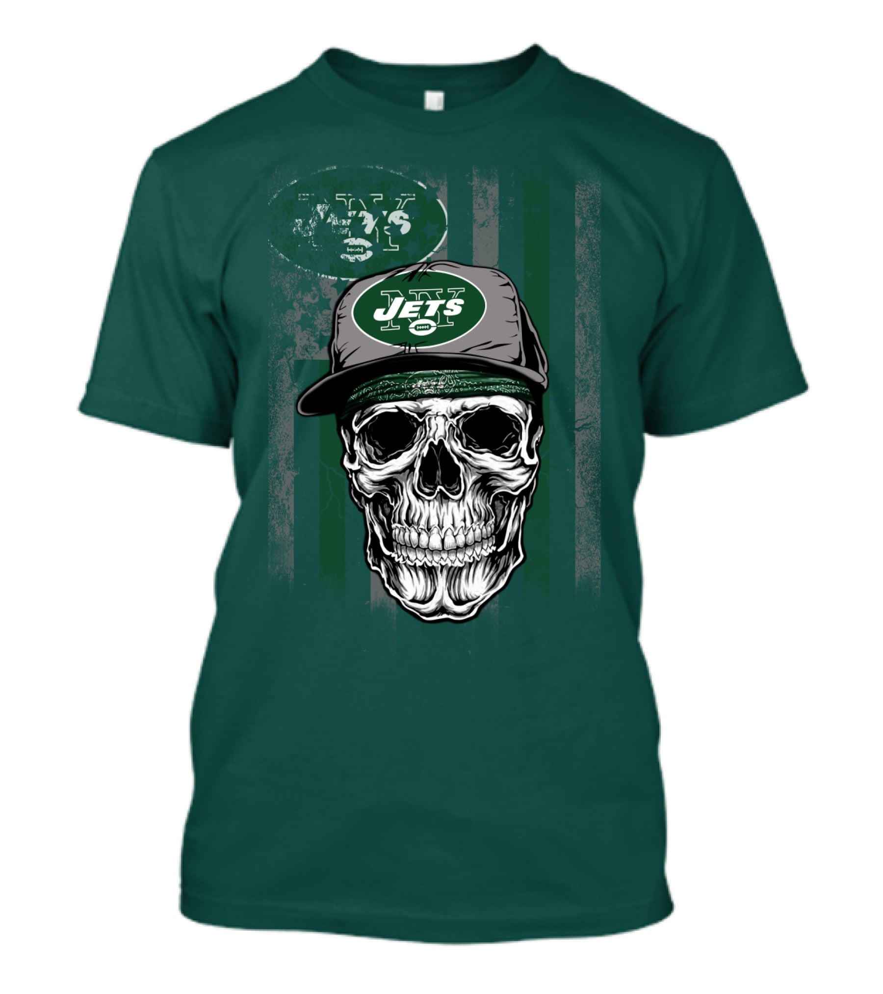 Skull With New York Jets Cap And Logo On Green Stripe T-Shirt