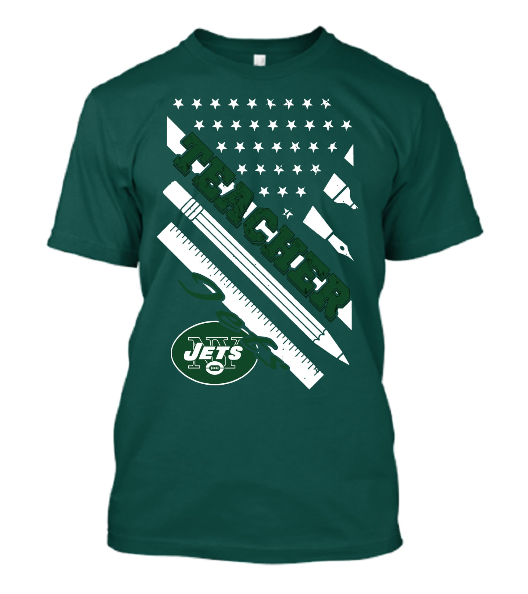 New York Jets Teacher Football Enthusiast American Flag And School Supplies T-Shirt