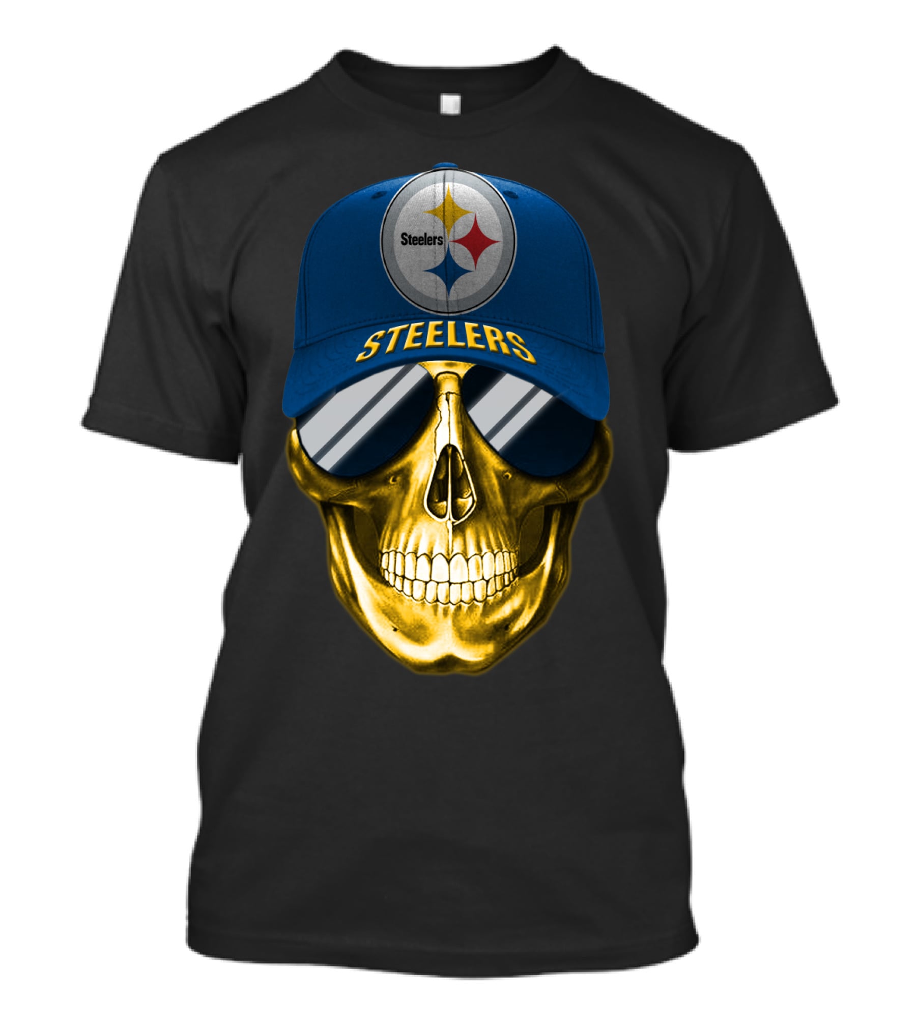 Pittsburgh Steelers Skull Wearing Reflective Sunglasses And Branded Cap T-Shirt