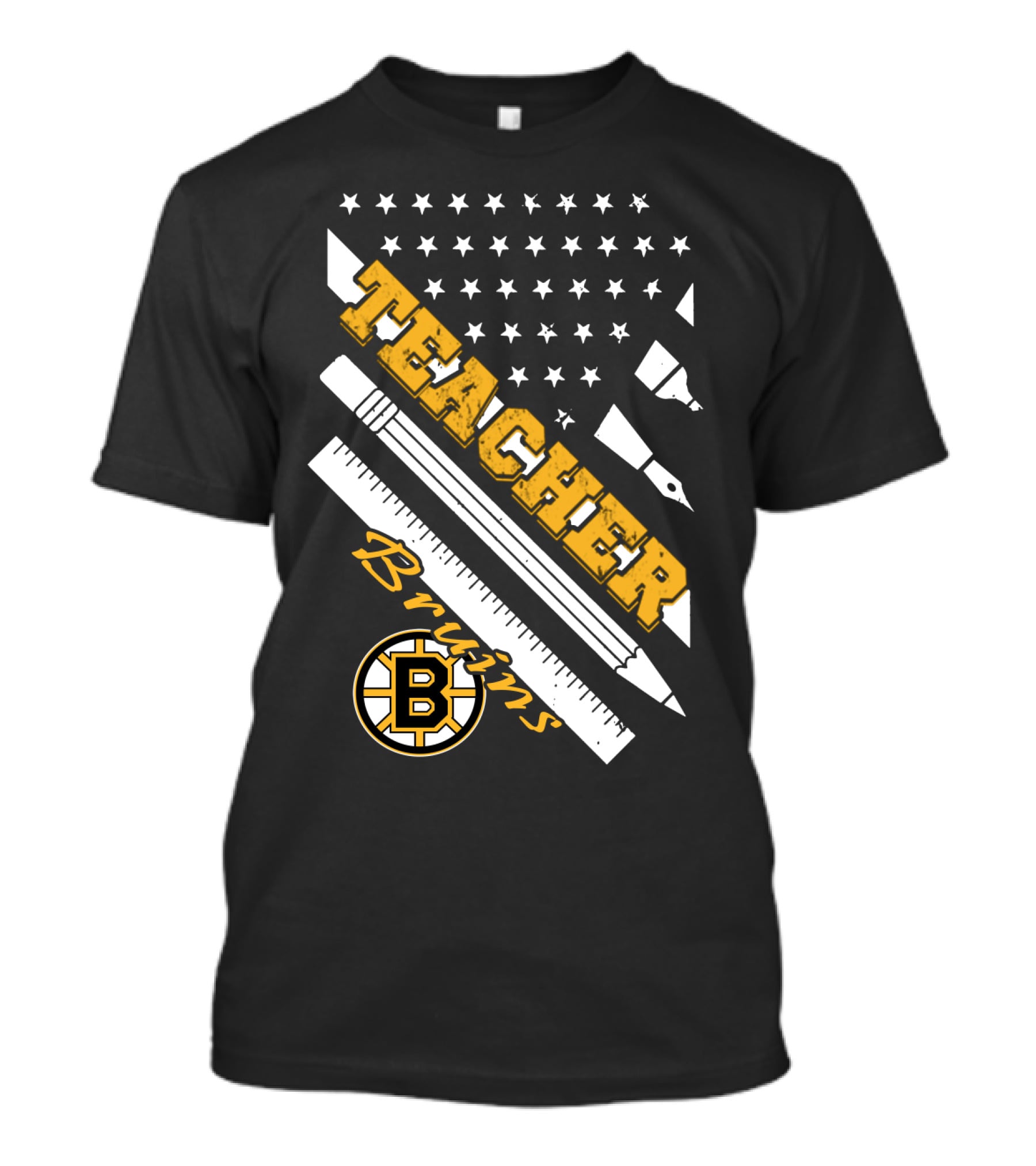 Boston Bruins Teacher American Flag Ruler Pencil Pen Stars T-Shirt