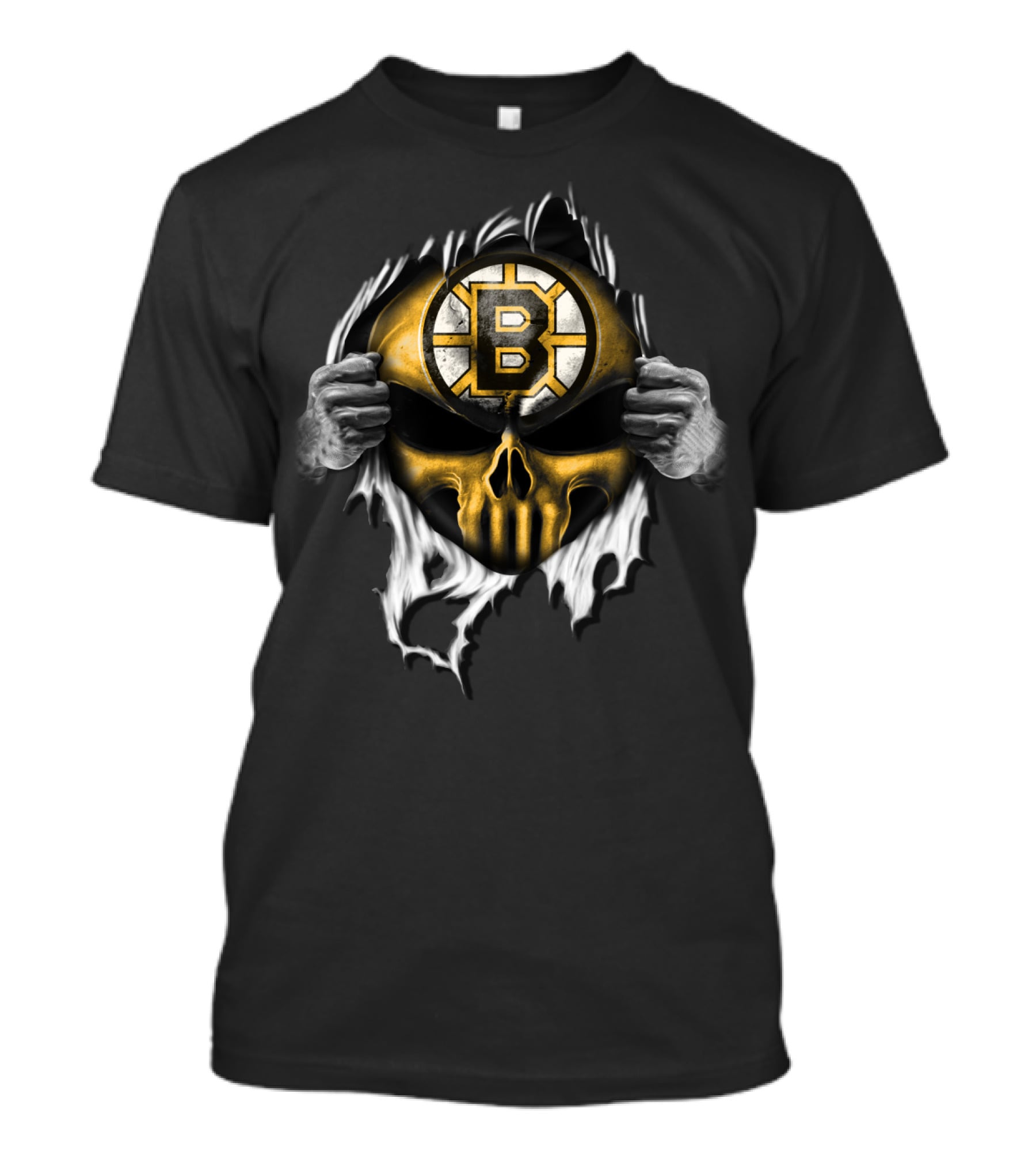 Boston Bruins Skull Logo Ripping Through T-Shirt