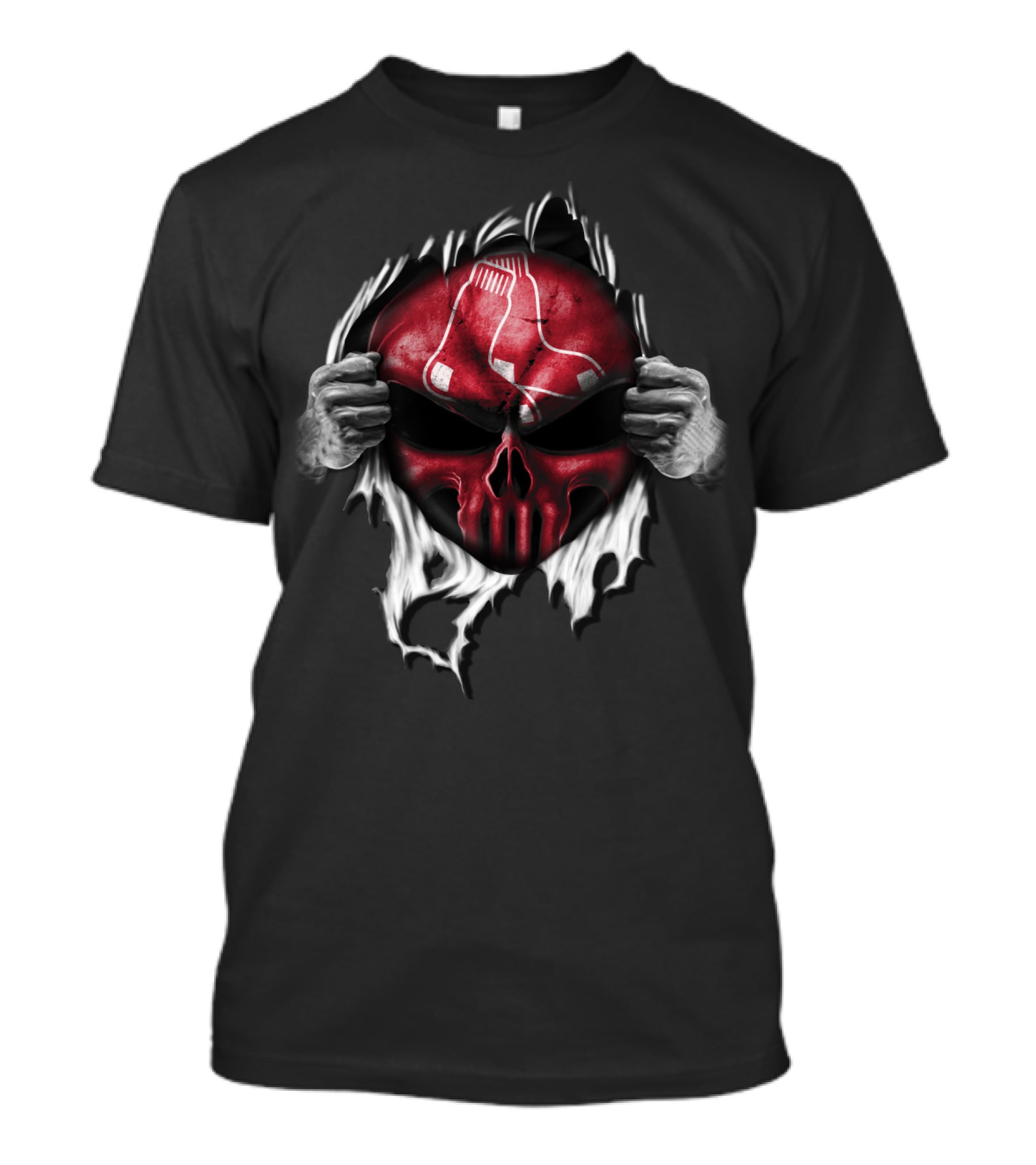 Boston Red Sox Skull Emblem With Hands Tearing T-Shirt