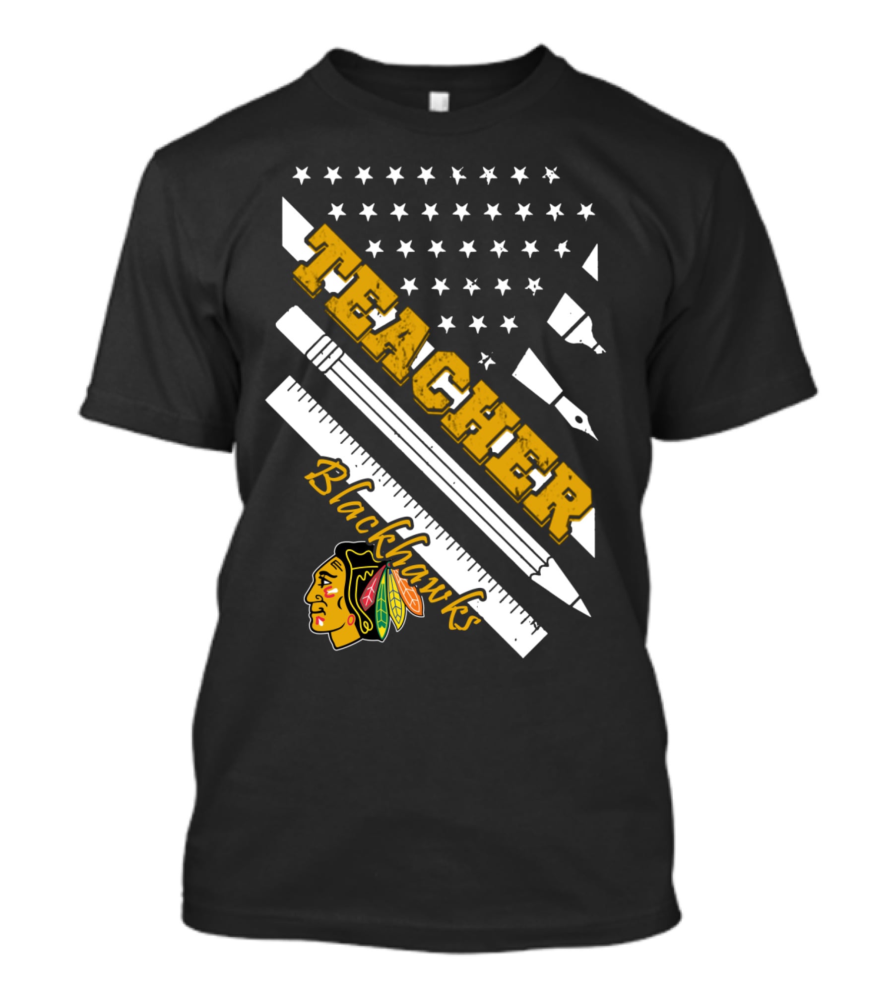 Blackhawks Teacher Usa Flag Pencil Ruler T-Shirt