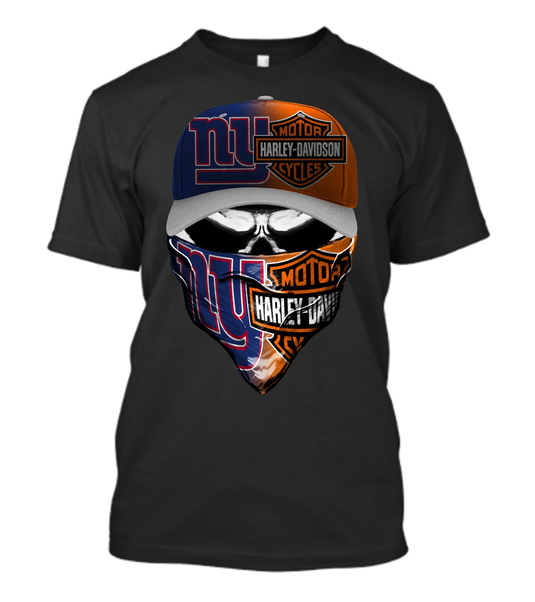 New York Giants And Harley Davidson Crossover Skull Mask Hat T-Shirt