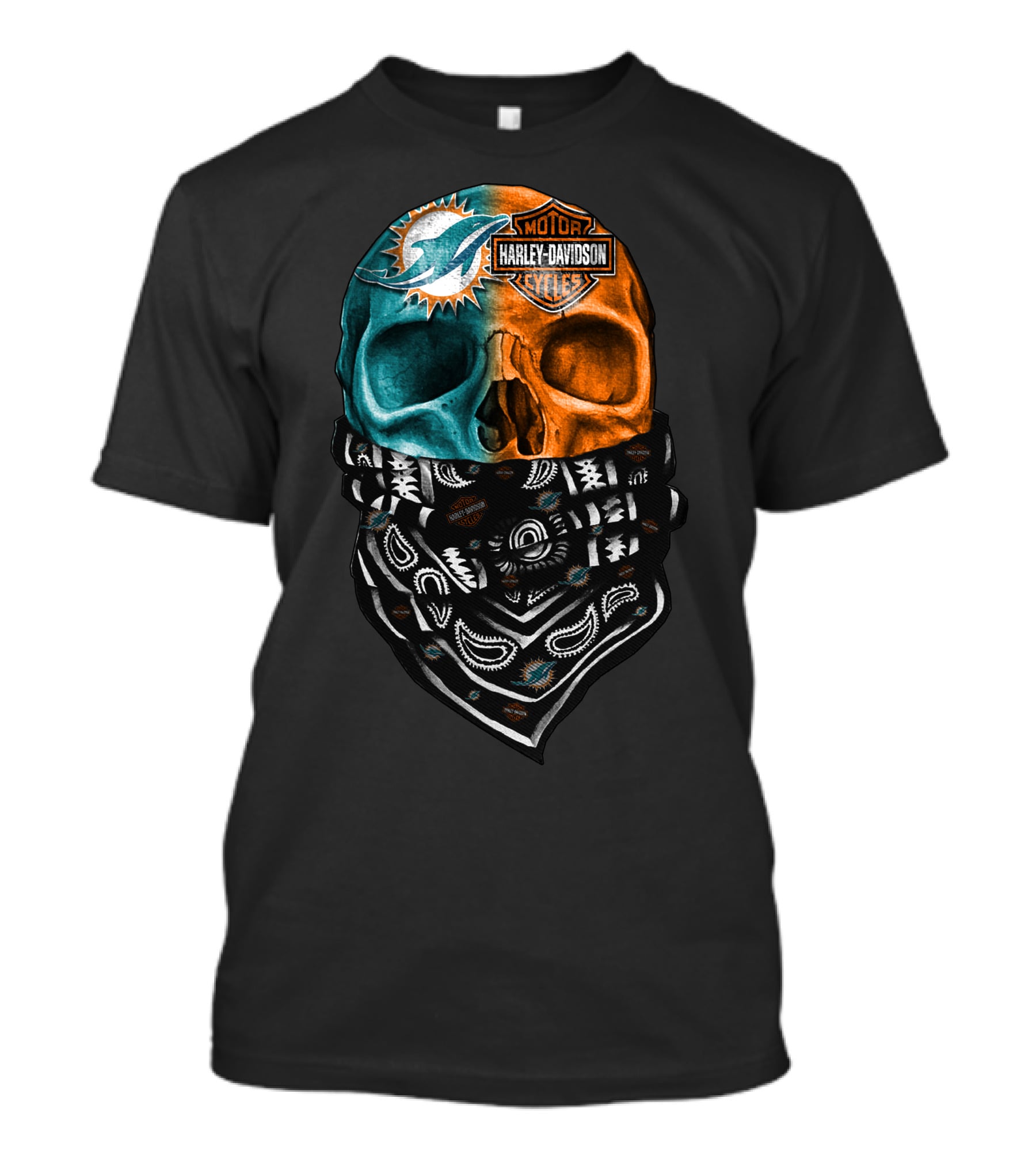 Miami Dolphins Harley Davidson Motorcycles Bandana Skull T-Shirt