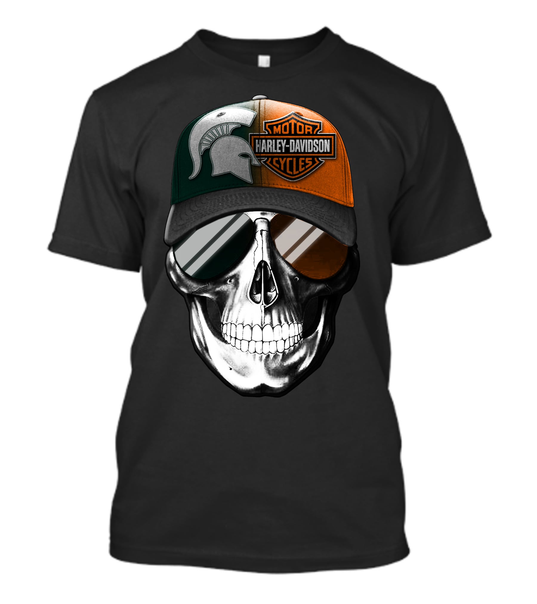 Skull With Michigan State Spartan And Harley Davidson Motorcycles Cap T-Shirt