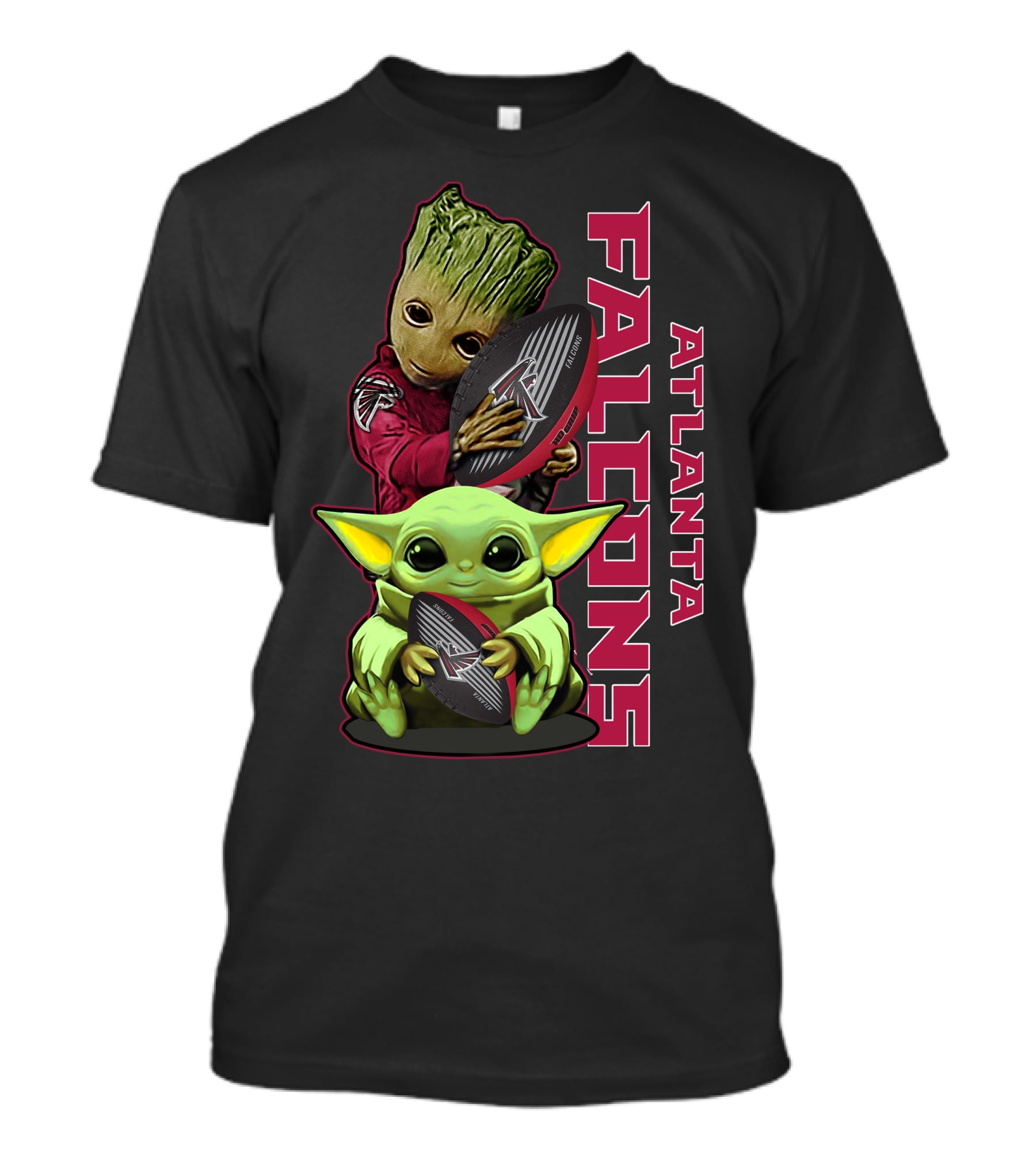 Grzd Atlanta Falcons Baby Groot Yoda Holding Football T-Shirt