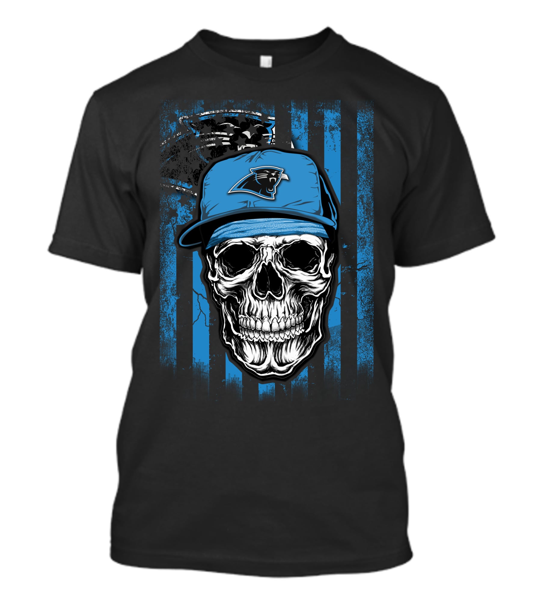 Skull Wearing Carolina Panthers Hat With Blue And Black Stripes T-Shirt