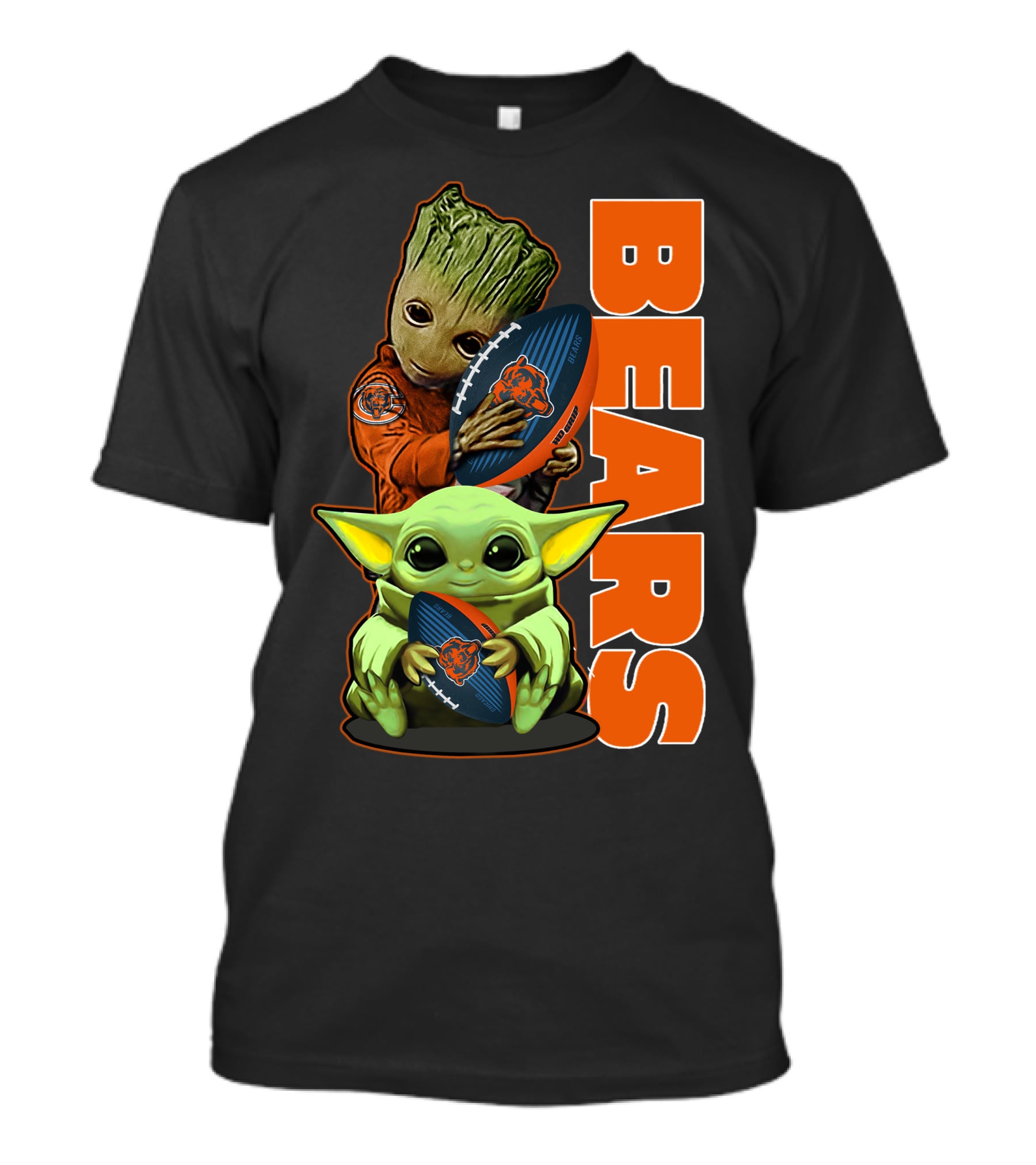 Groot And Baby Yoda Holding Chicago Bears Football T-Shirt