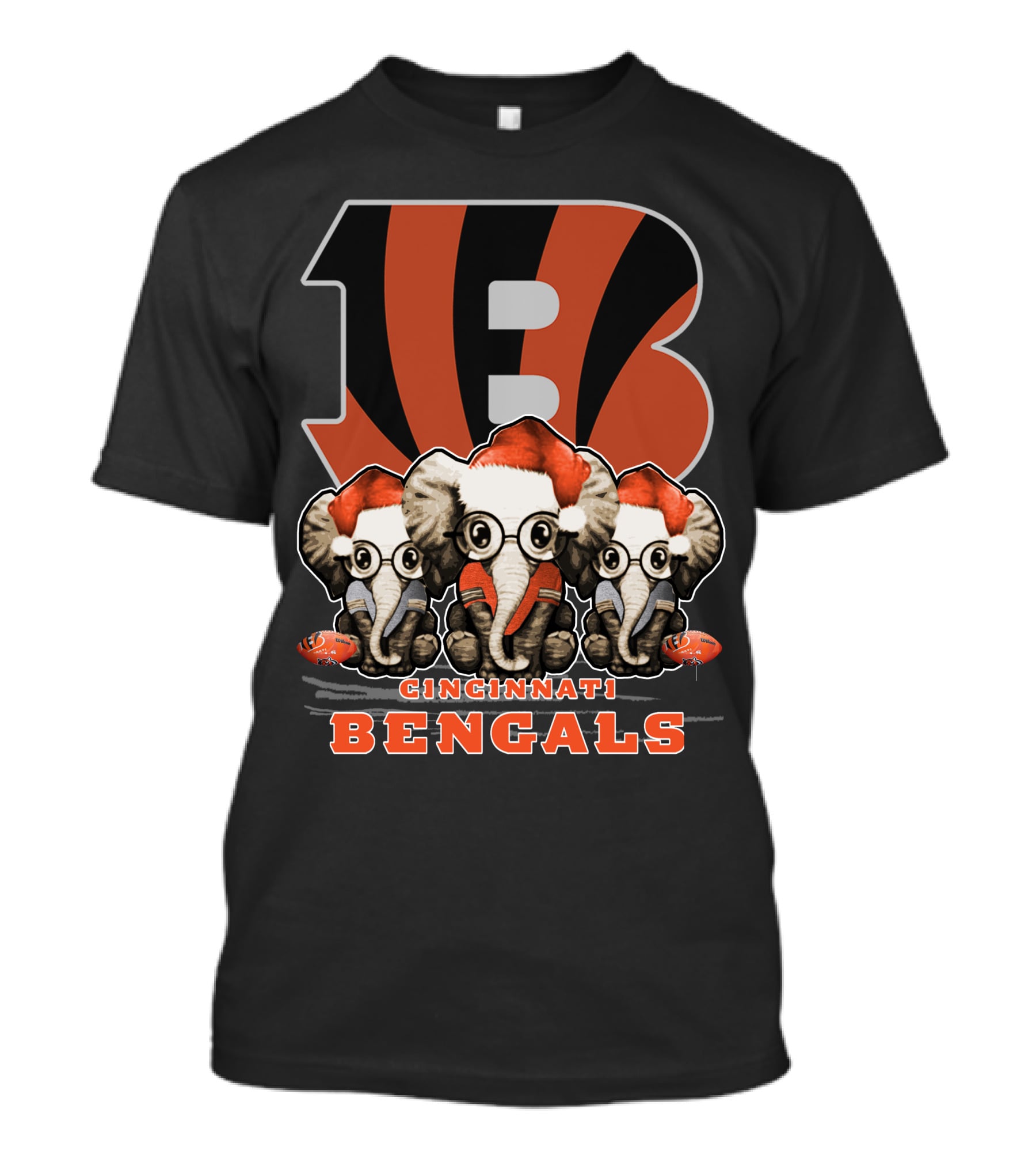 Cincinnati Bengals Christmas Elephants With Santa Hats T-Shirt