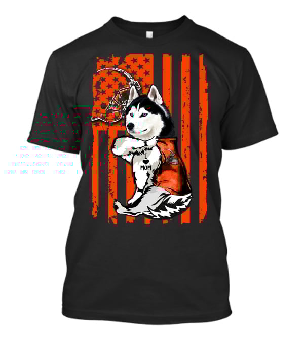 Siberian Husky With Football Helmet And Orange Flag Cleveland Browns T-Shirt