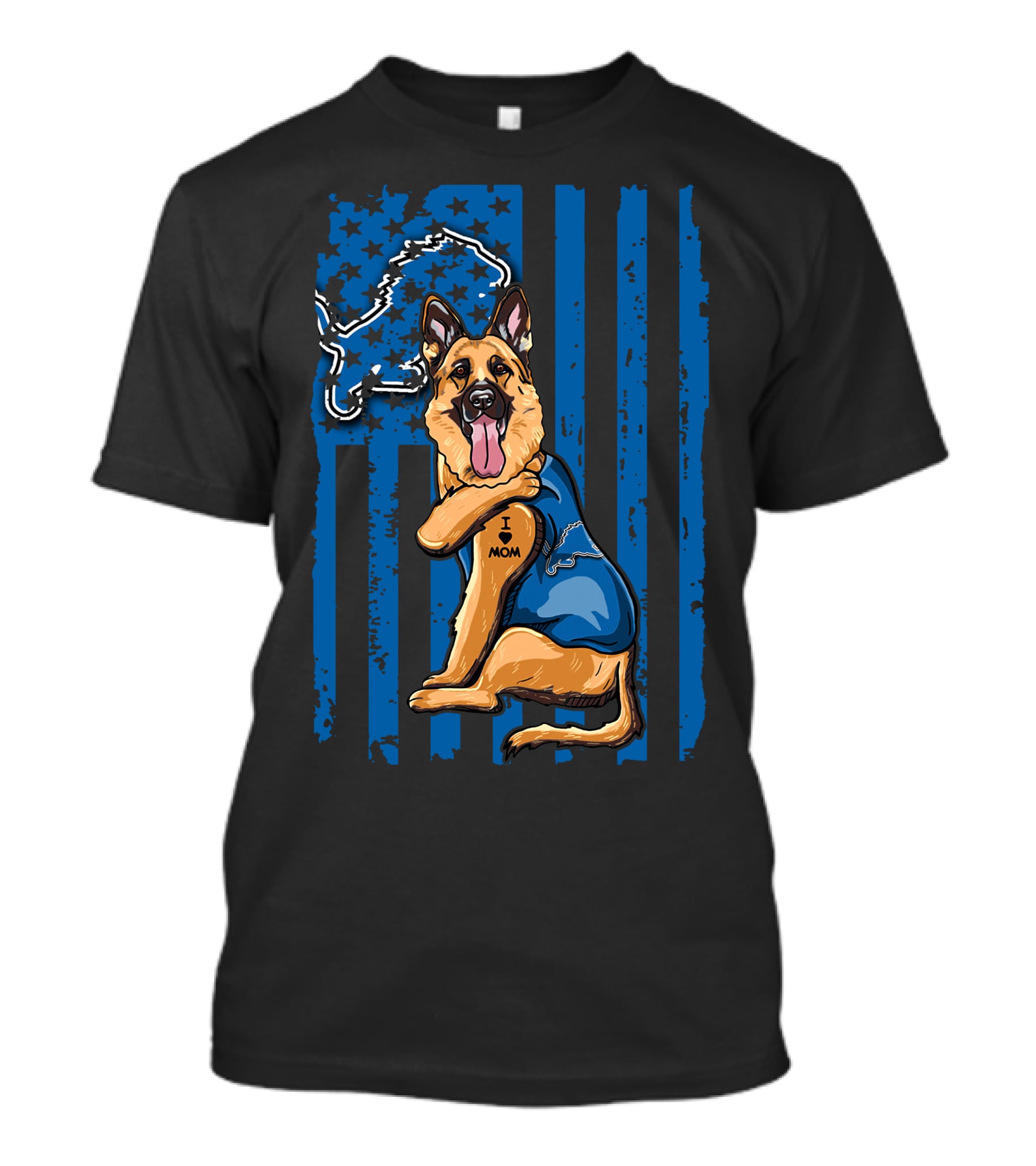 German Shepherd Wearing Detroit Lions Blue With Flag And Lion T-Shirt