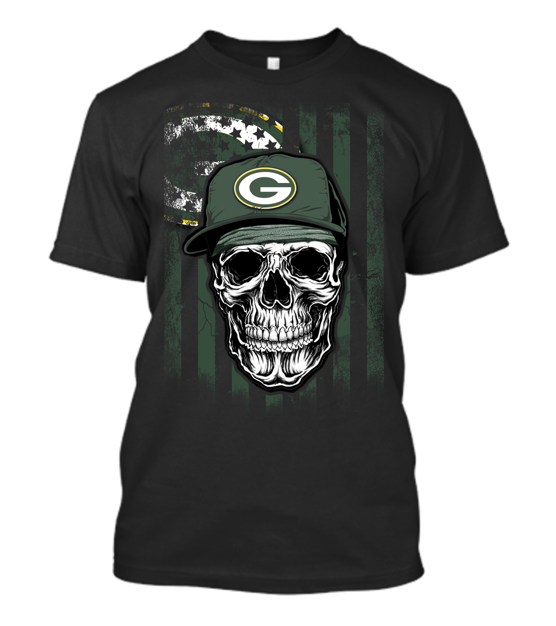 Skull Green Bay Packers Hat With American Flag Background T-Shirt