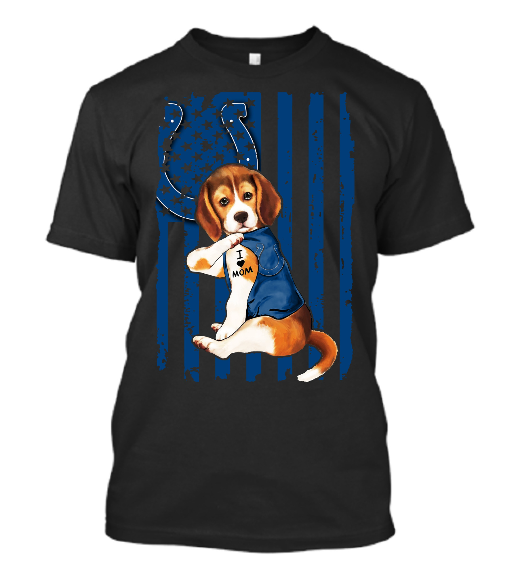 Beagle Puppy In Indianapolis Colts Shirt With I Love Mom Tattoo Flag Background T-Shirt