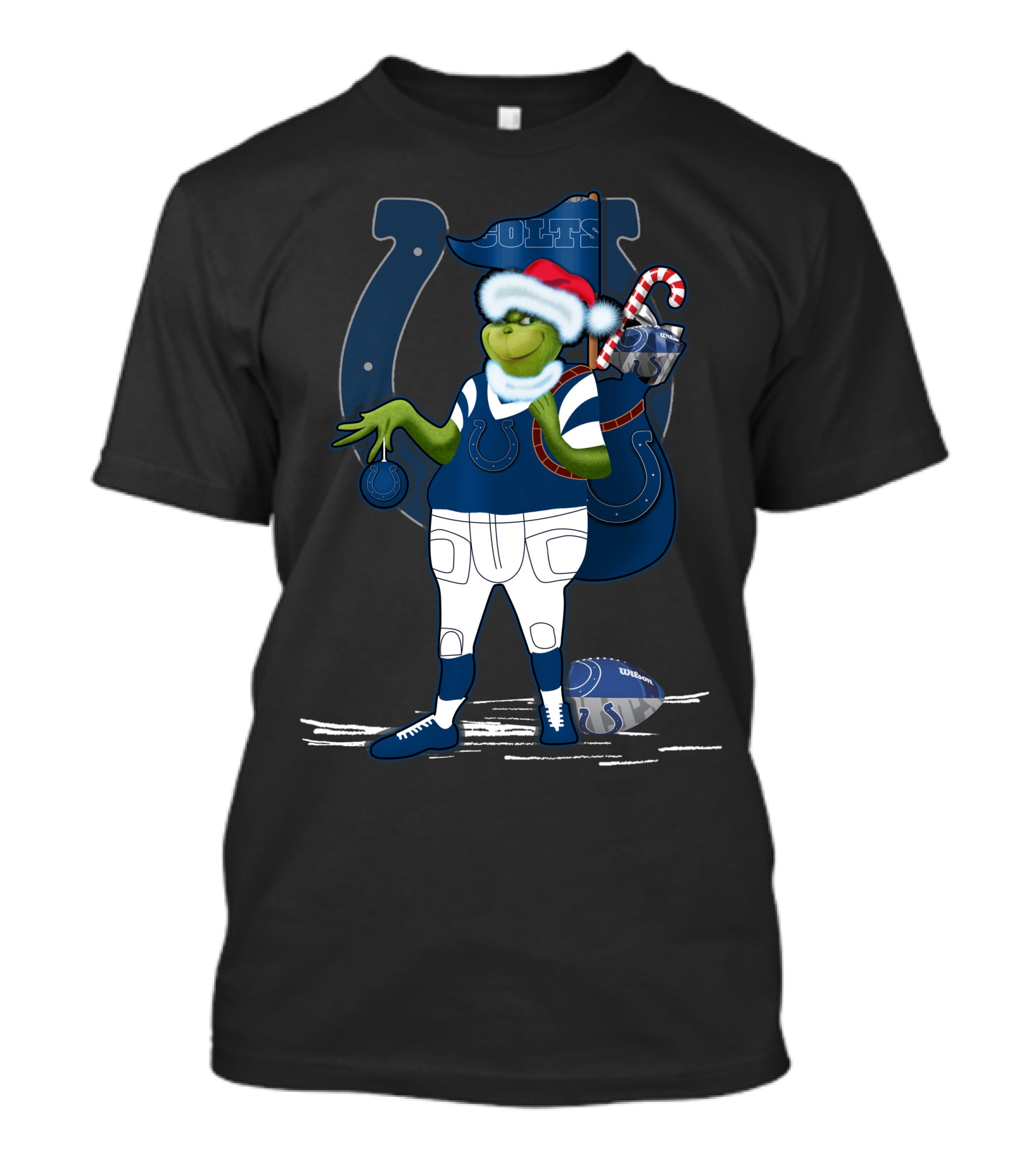 Grinchxmas Indianapolis Colts Santa Hat Candy Cane Football T-Shirt