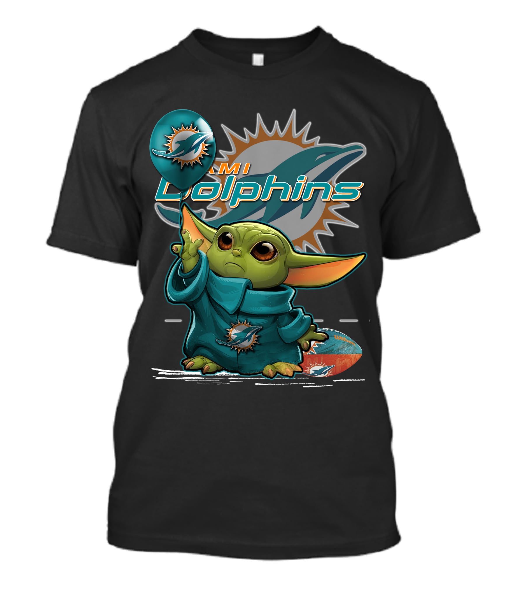 Yoda Holding Miami Dolphins Football And Balloon T-Shirt