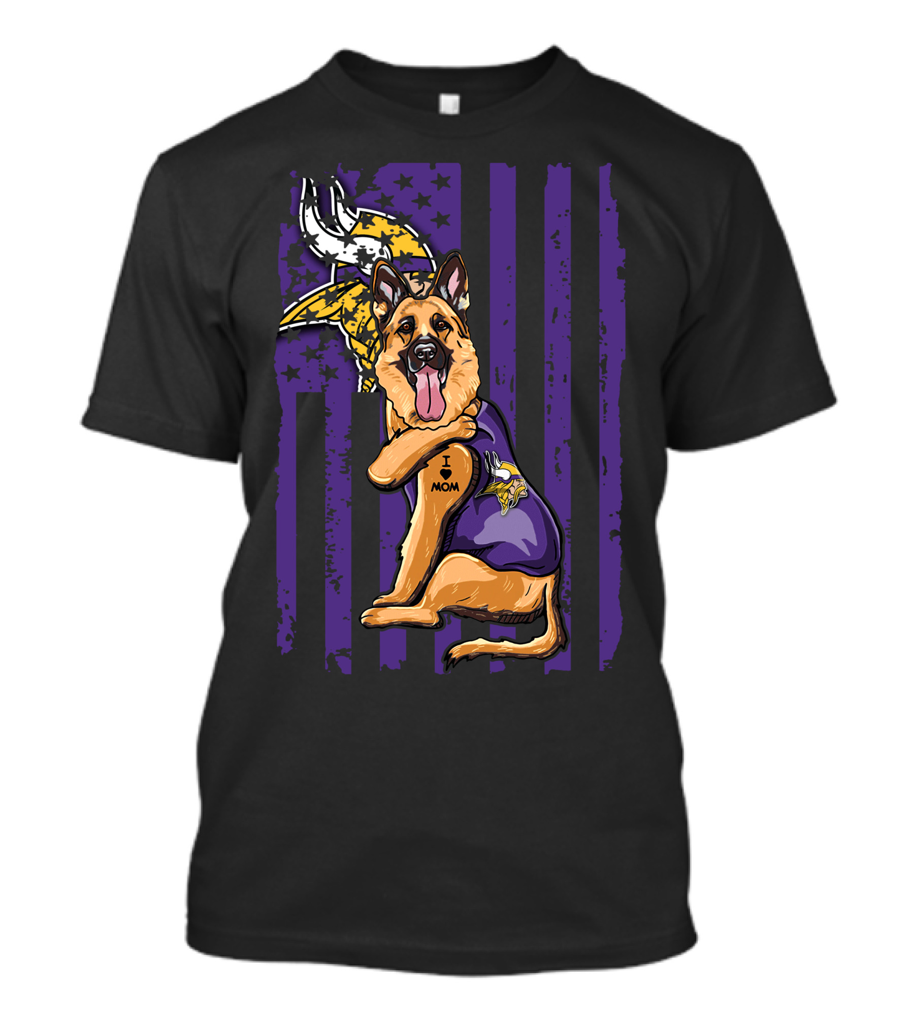 German Shepherd Minnesota Vikings Dog Wearing Jersey With Vikings Logo And I Love Mom Tattoo T-Shirt