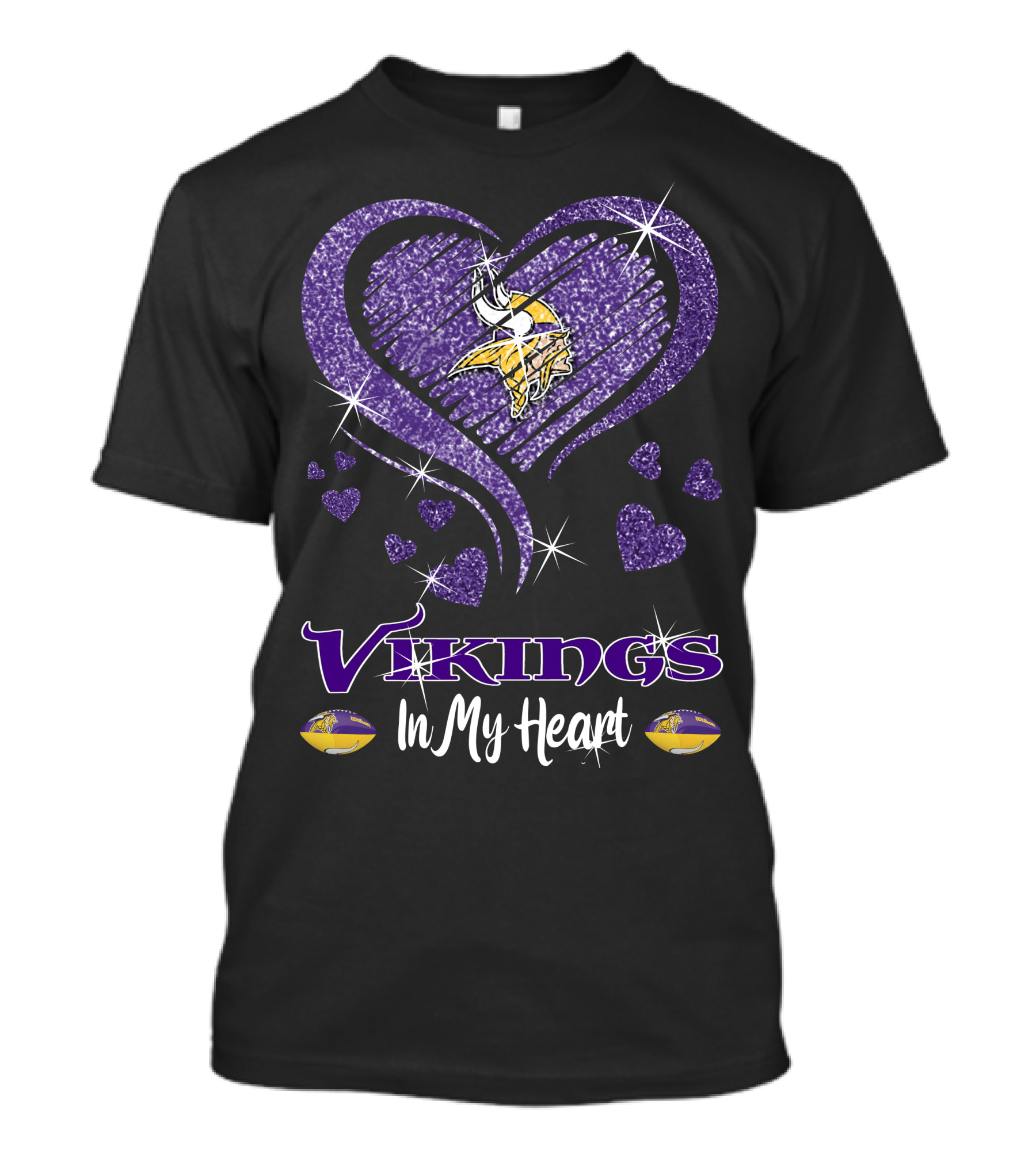 Vikings In My Heart Minnesota Vikings Logo Purple Sparkling Hearts T-Shirt