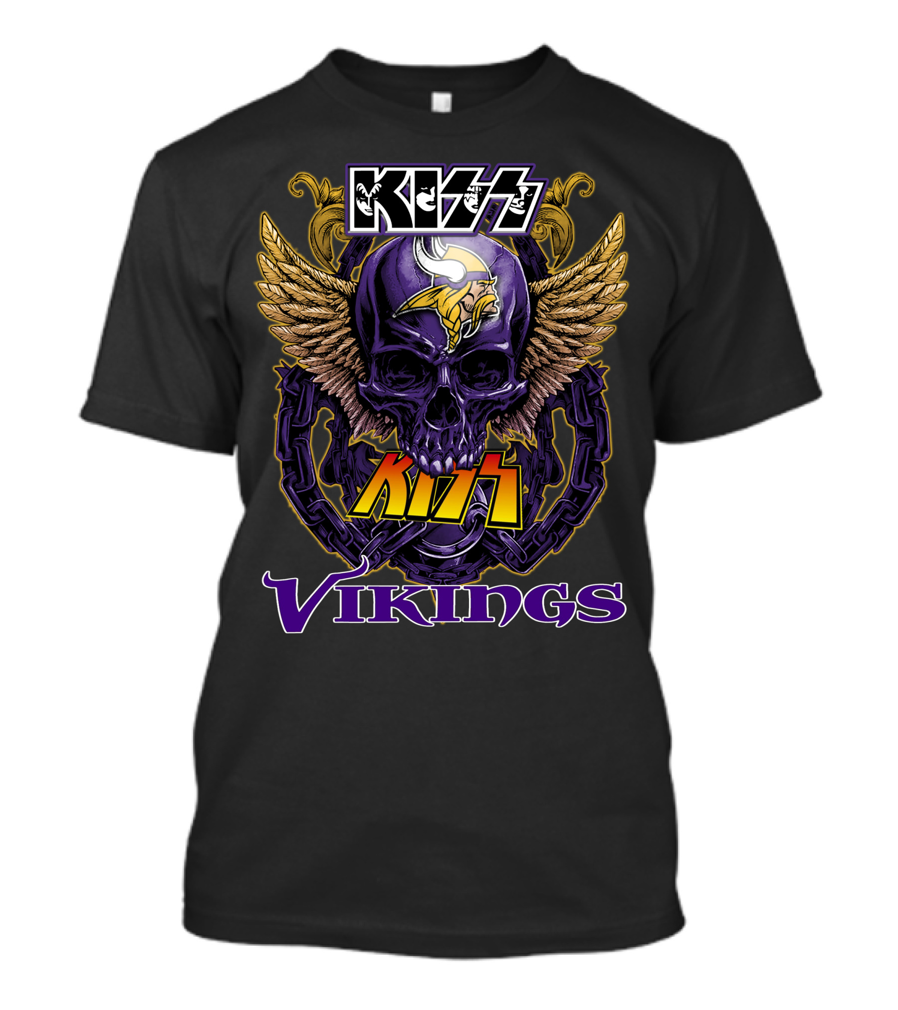 Kiss Vikings Skull With Minnesota Vikings Logo And Wings T-Shirt