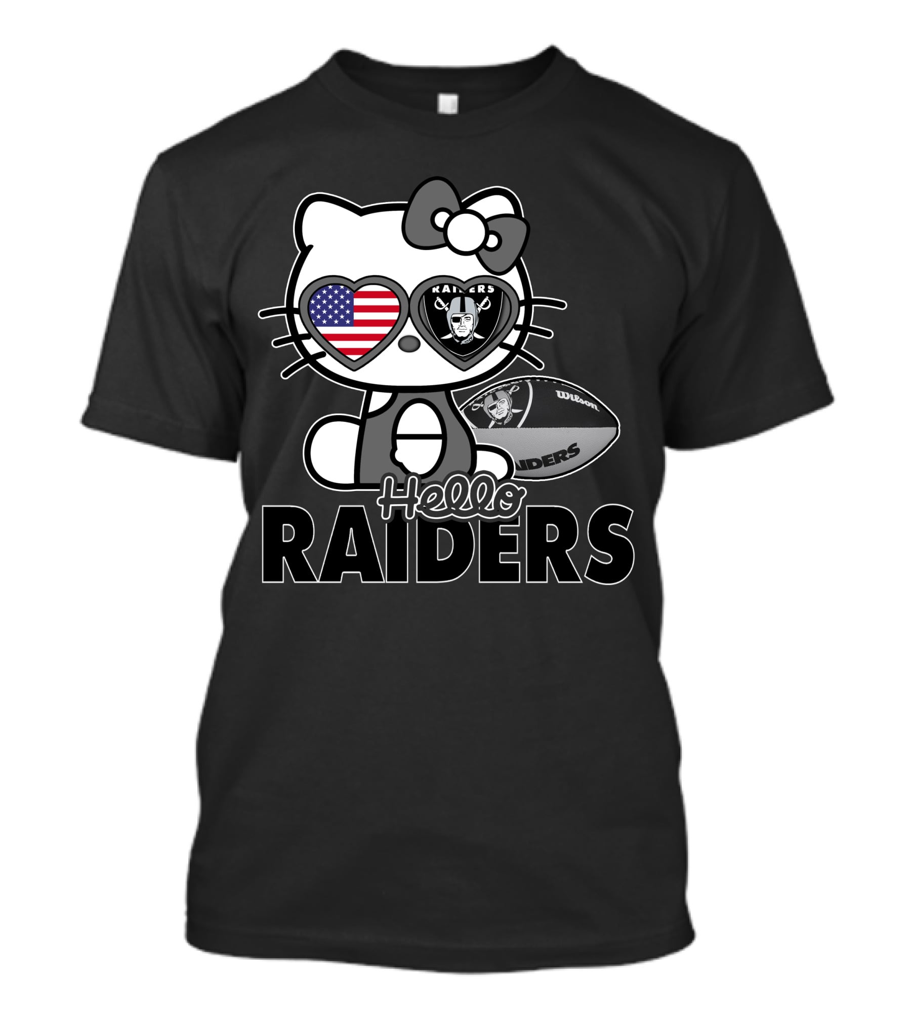 Hello Kitty Raiders American Flag Heart Glasses And Football T-Shirt