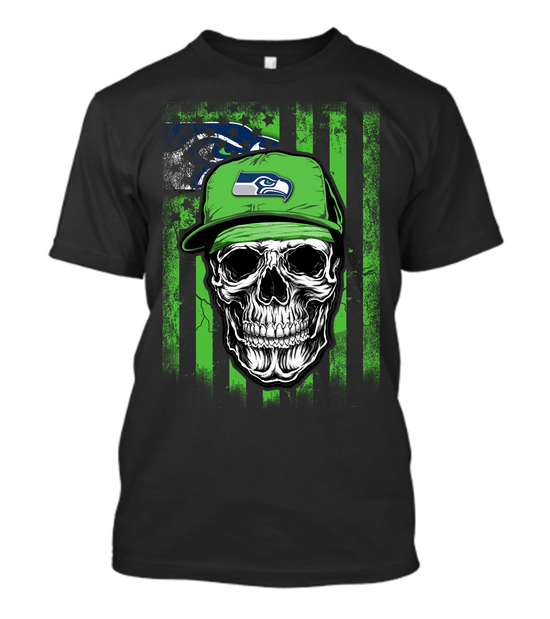 Skull In Seattle Seahawks Cap With Green Stripes And Team T-Shirt