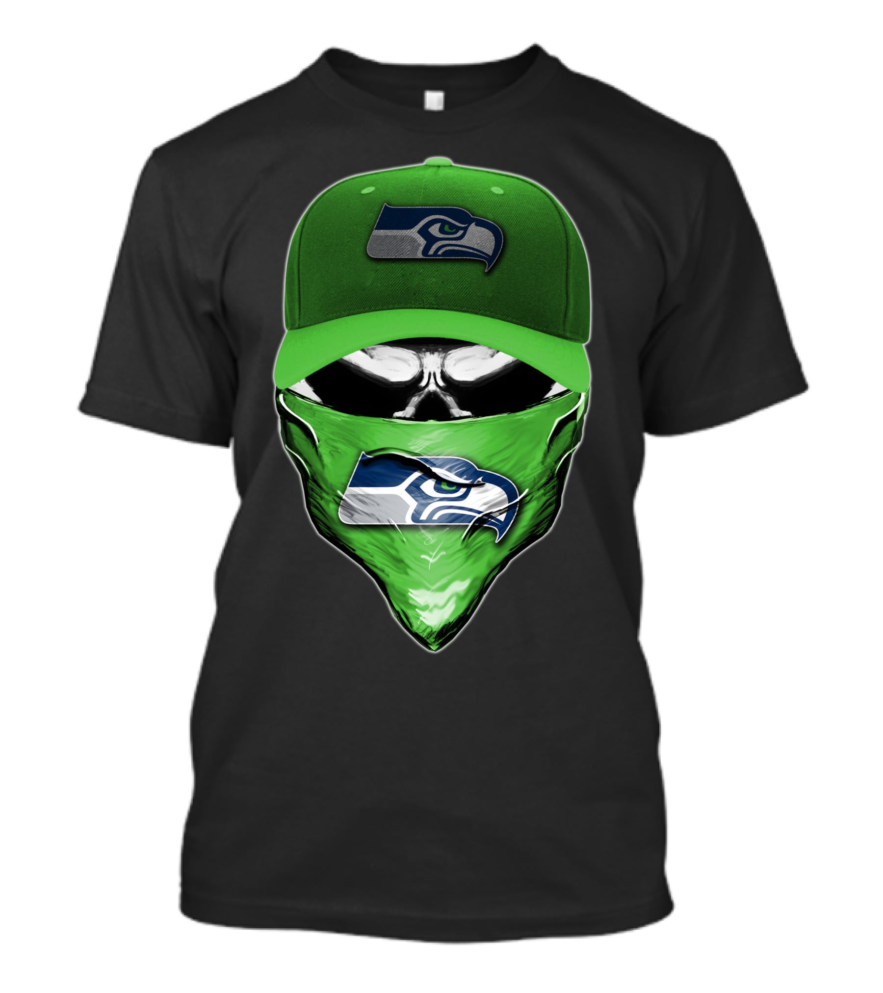 Skull V6 Seattle Seahawks Logo On Green Cap And Bandana T-Shirt