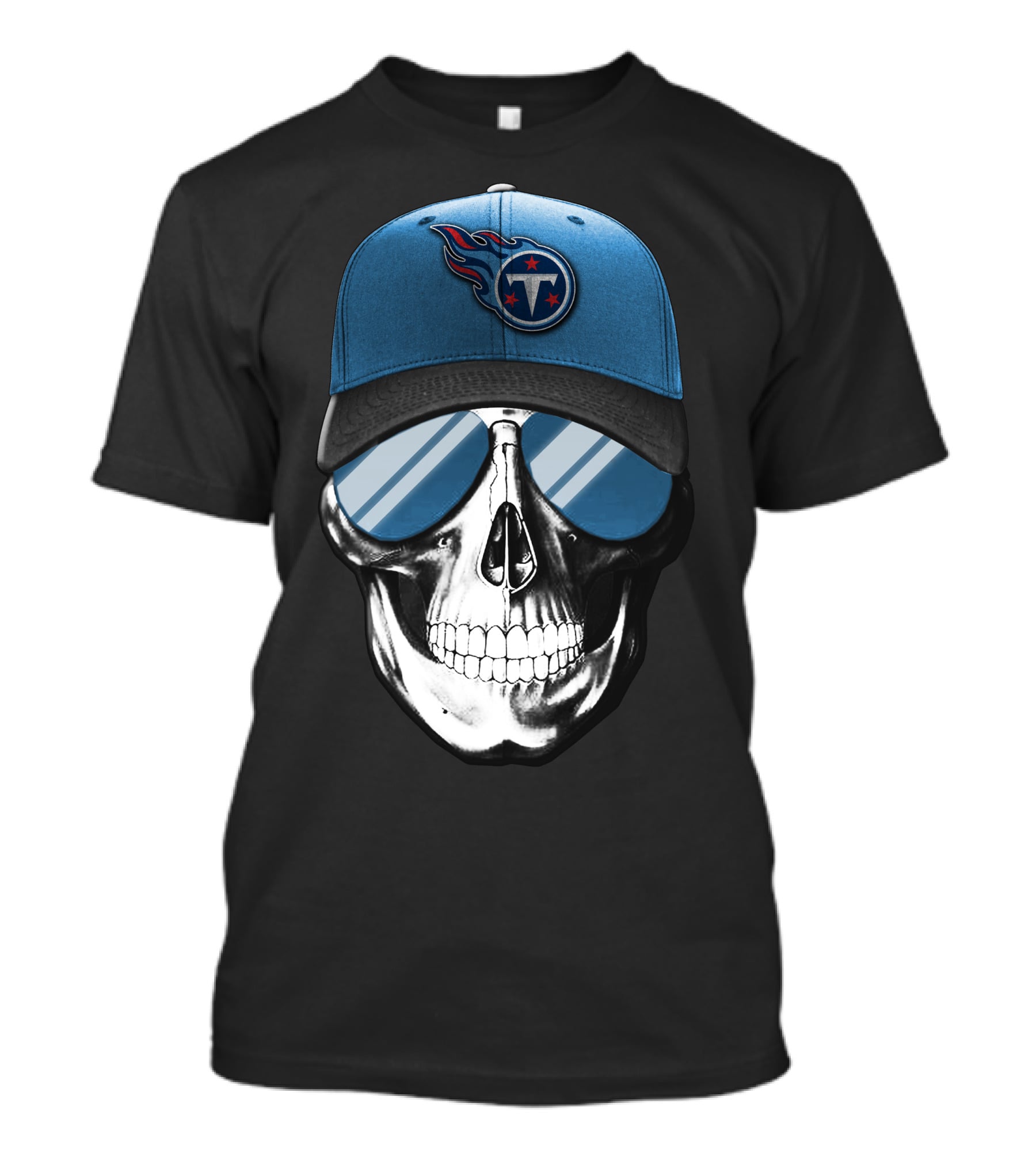 Skull With Tennessee Titans Logo Blue Cap And Sunglasses T-Shirt