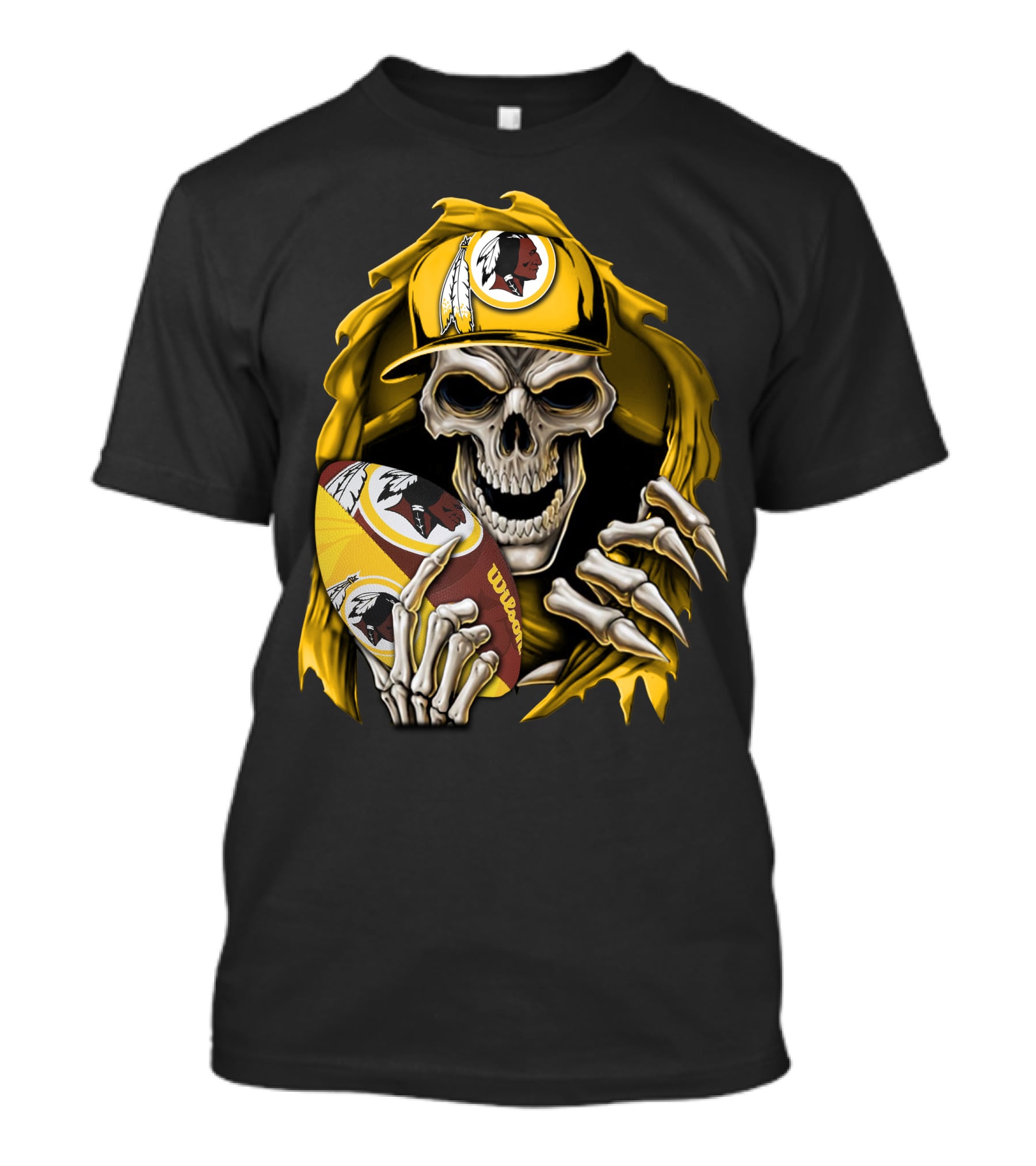 Skullbong Washington Redskins Skeleton Holding Football With Logo And Yellow Cap T-Shirt