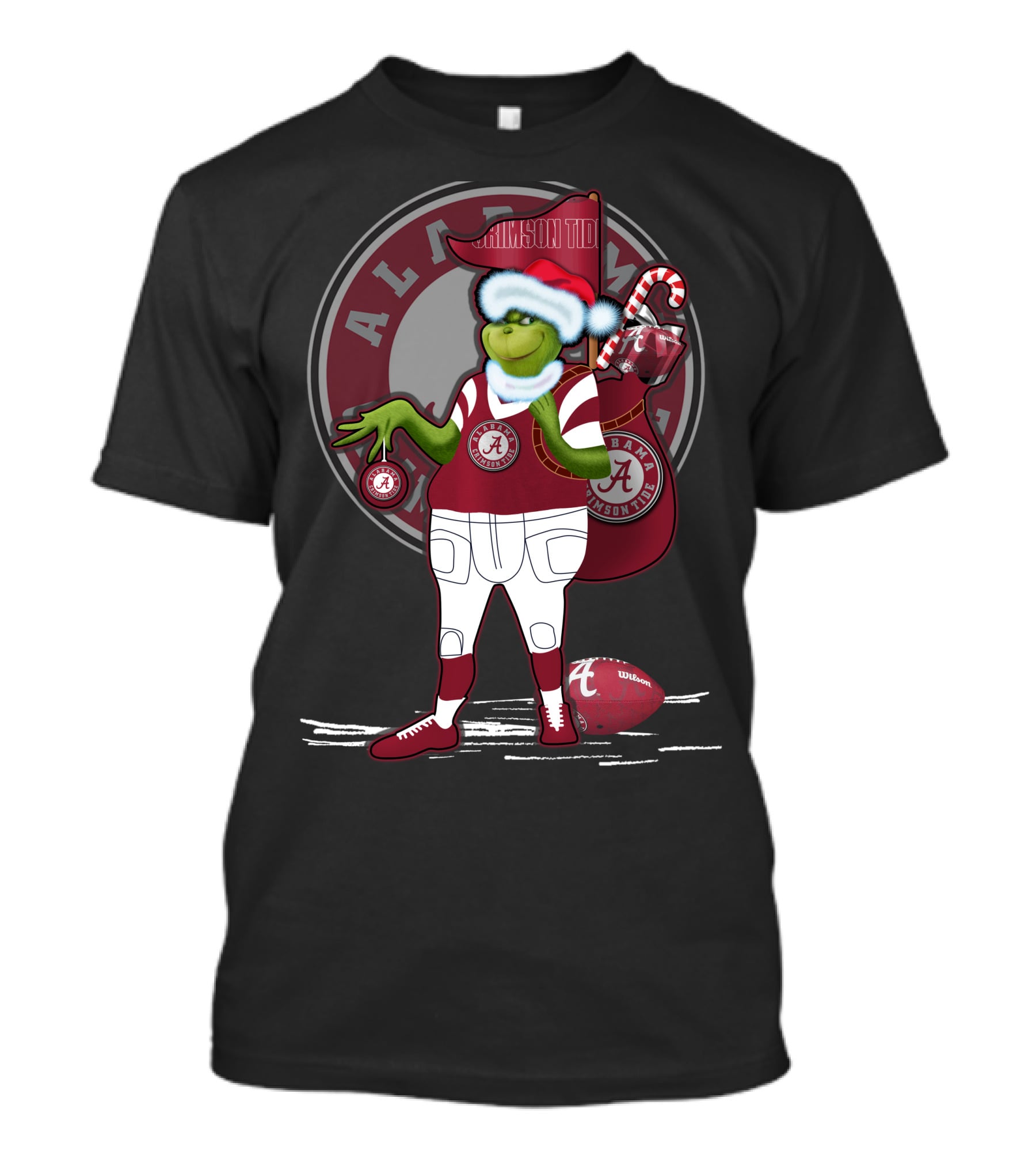 Grinchxmas Alabama Crimson Tide Football Theme With Santa Hat And Candy Cane Bag T-Shirt