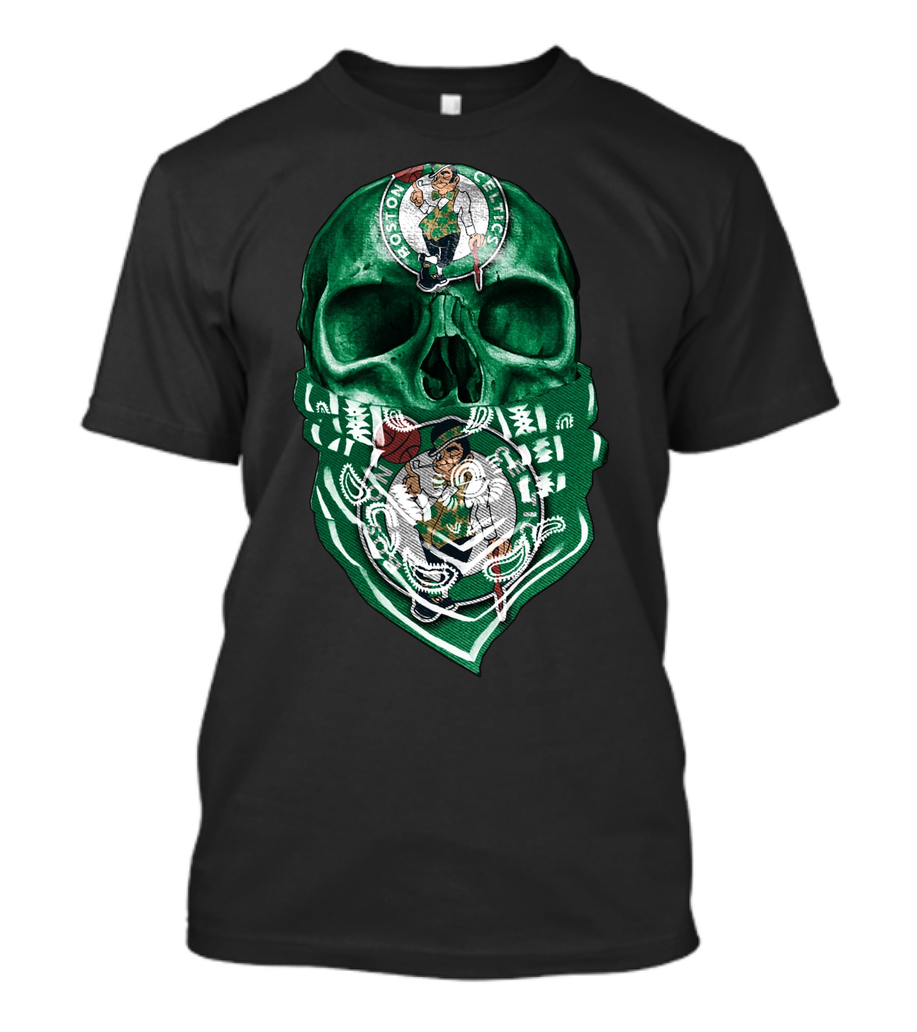 Boston Celtics Skull With Iconic Logos And Green Bandana T-Shirt