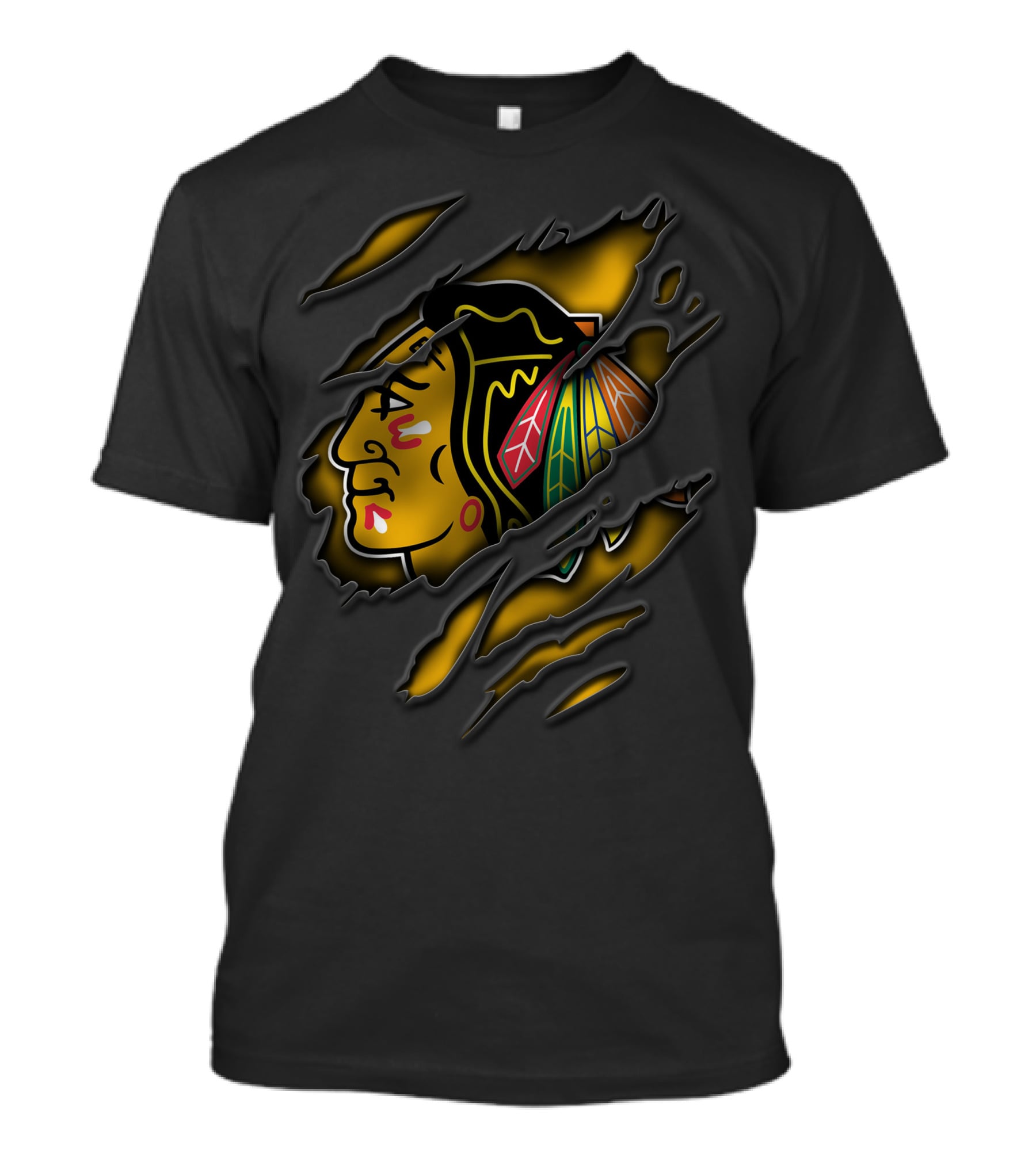 Torn Chicago Blackhawks Logo Claw Marks Yellow And Black T-Shirt