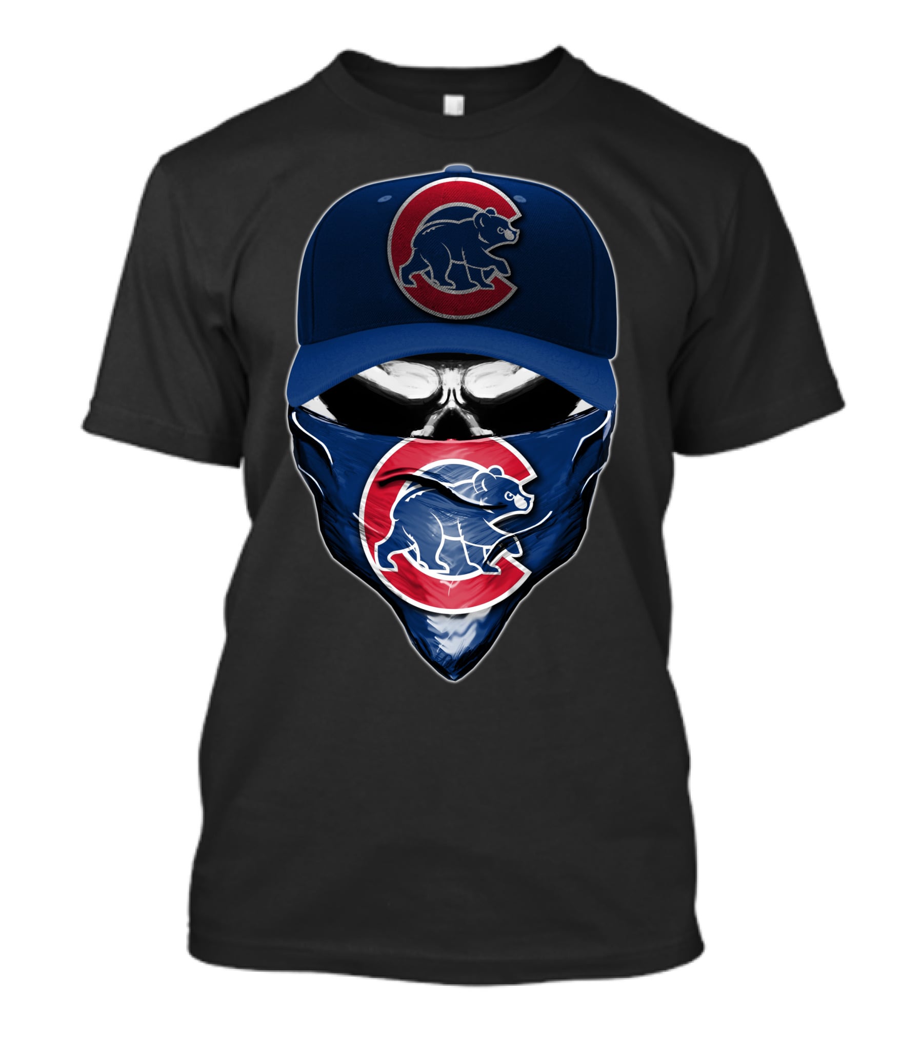 Skull Wearing Chicago Cubs Hat And Bandana T-Shirt