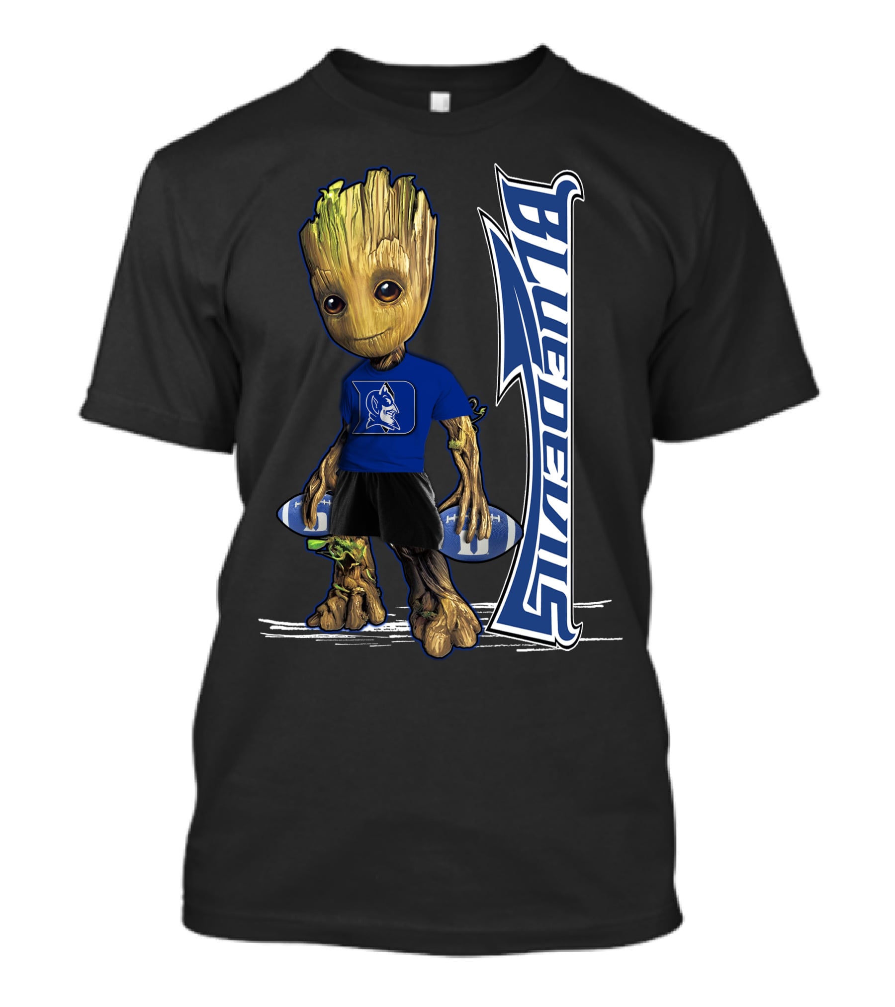 Groot Wearing Duke Blue Devils Shirt With Blue Devils Logo And Football T-Shirt