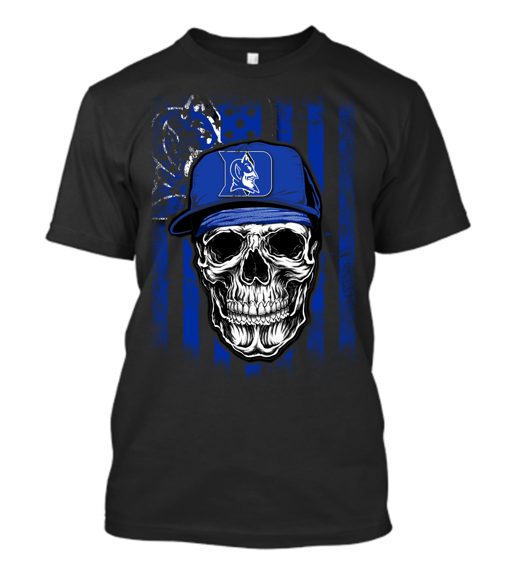 Skull With Duke Blue Devils Cap And American Flag Background T-Shirt