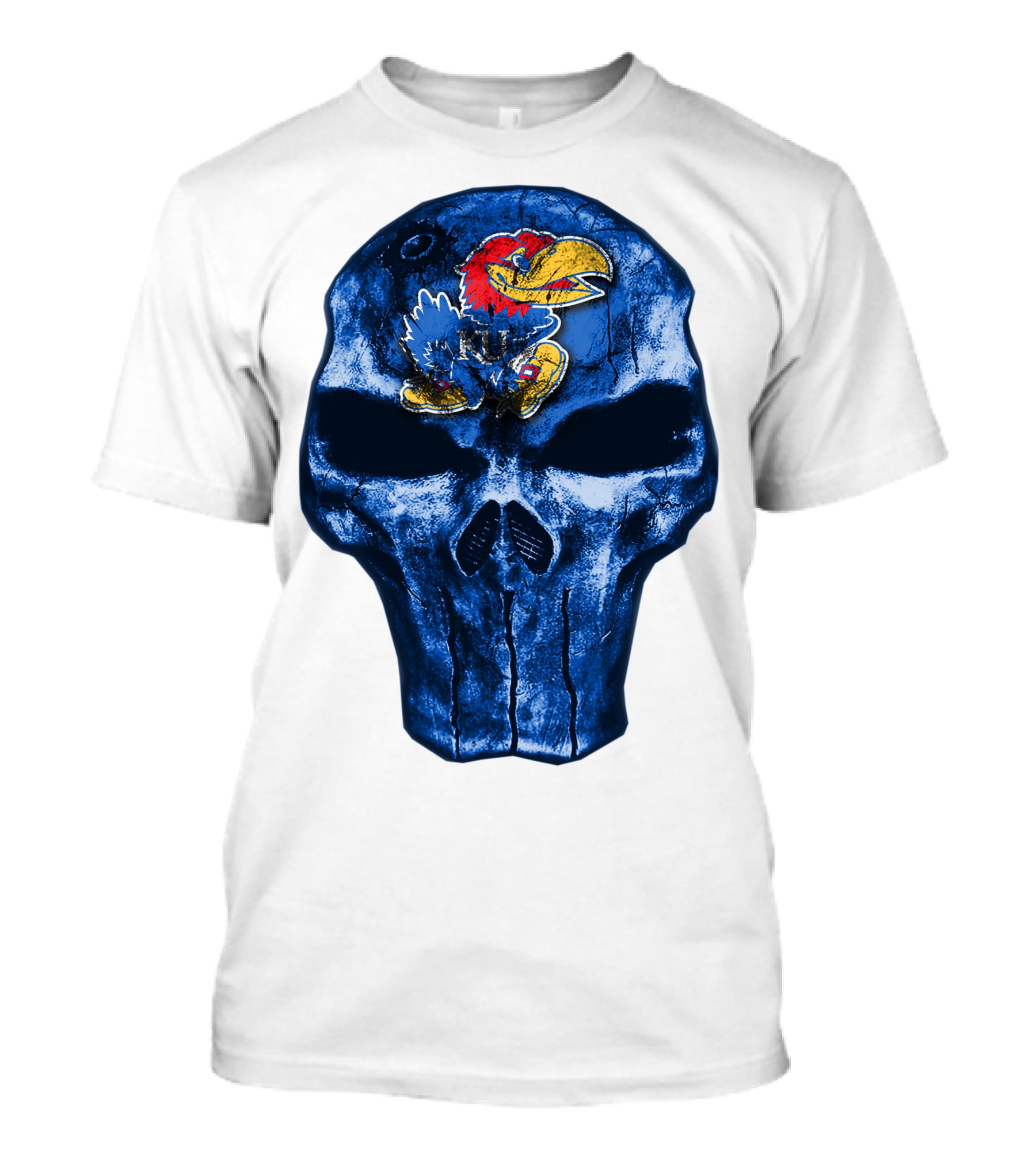 Kansas Jayhawks Logo On Blue Skull T-Shirt